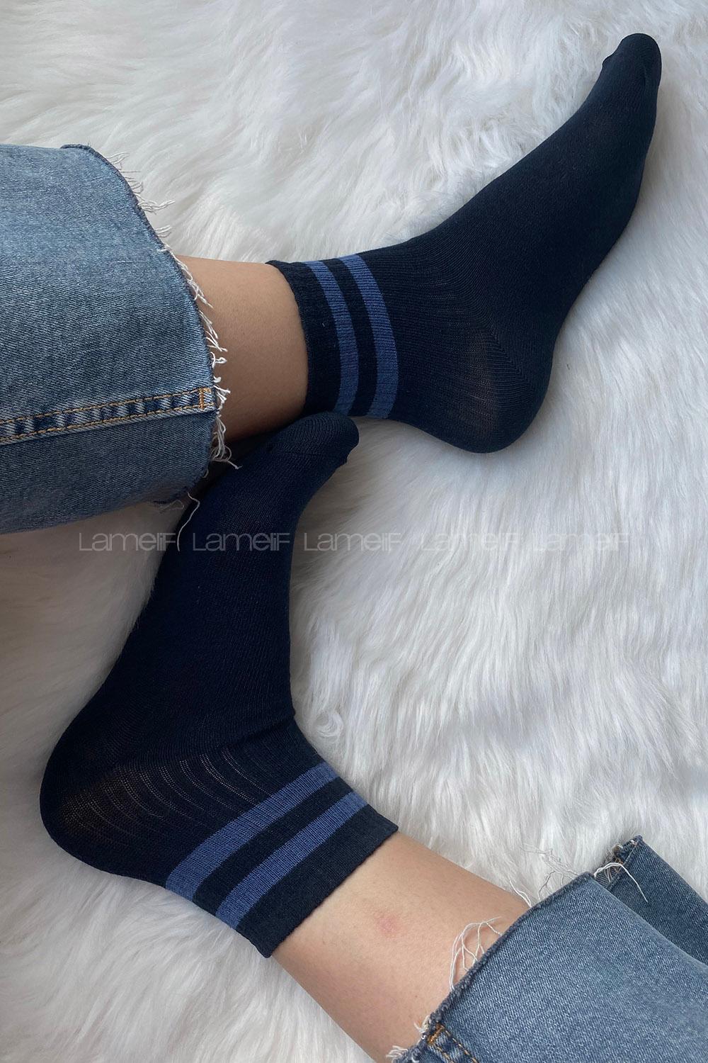 Modalamelif Mavi Çizgili Soket Çorap Lacivert