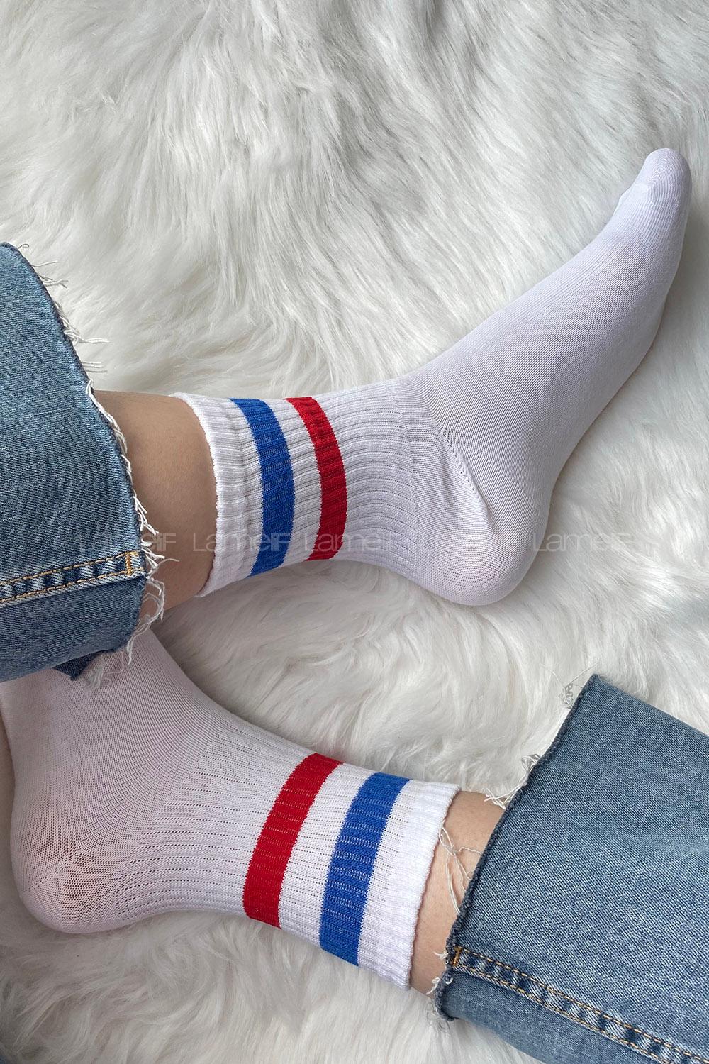 Modalamelif Mavi Kırmızı Çizgili Soket Çorap Beyaz