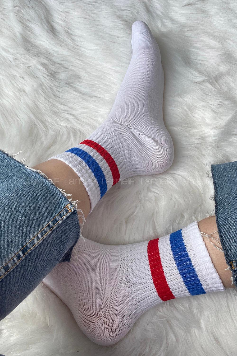 Modalamelif Mavi Kırmızı Çizgili Soket Çorap Beyaz