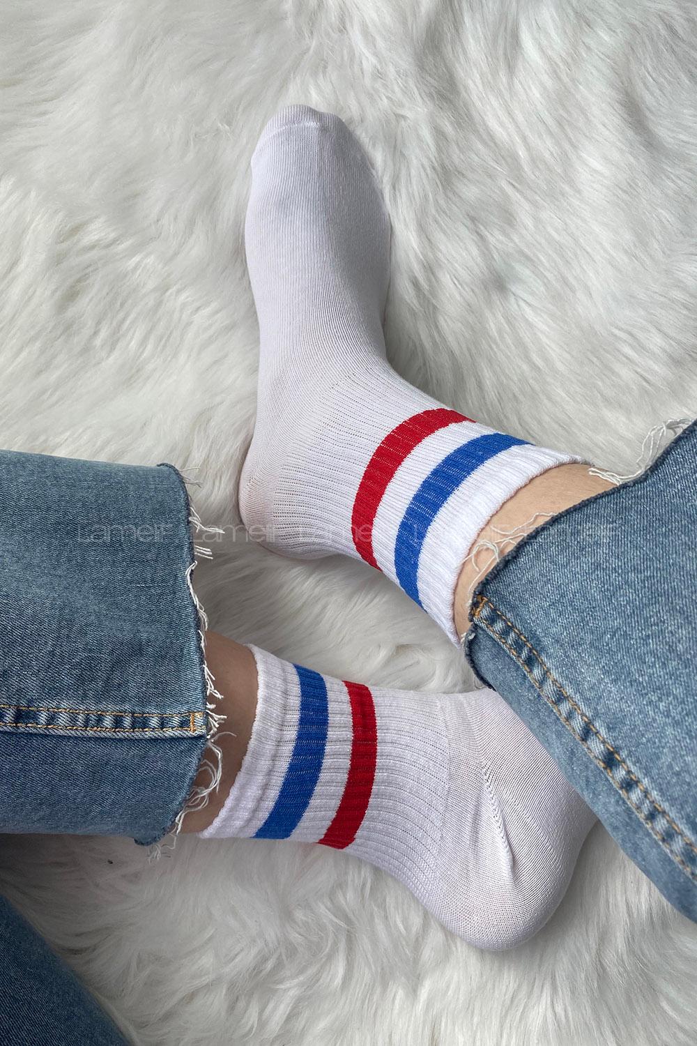 Modalamelif Mavi Kırmızı Çizgili Soket Çorap Beyaz