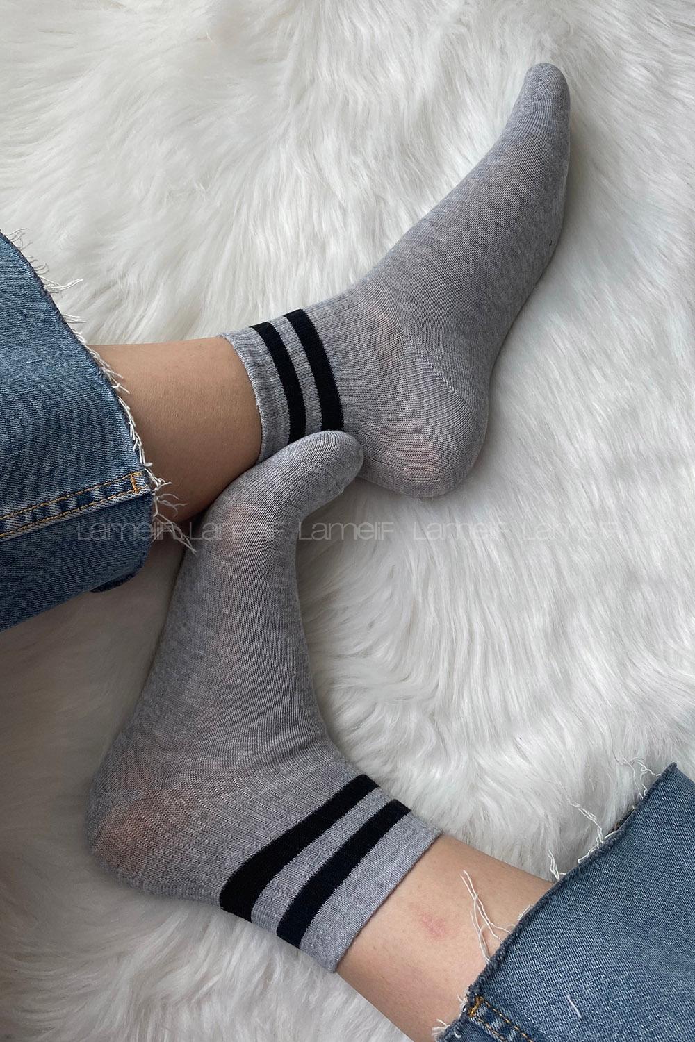 ModalemelModalamelifSiyah Çizgili Soket Çorap Gri