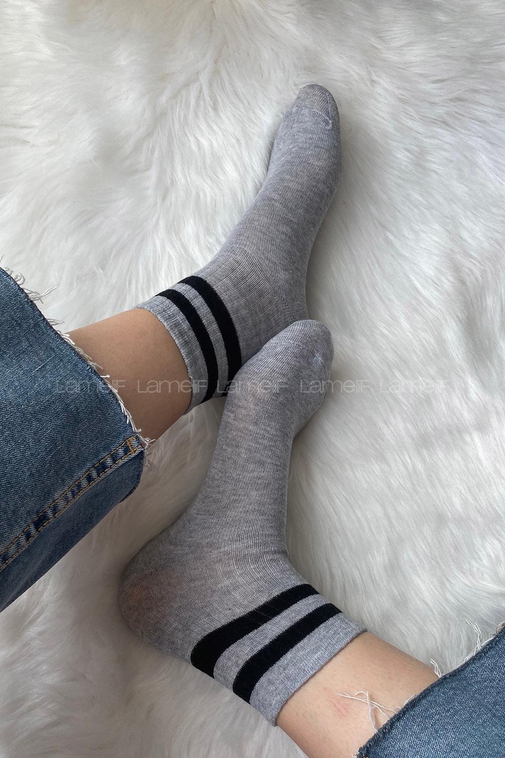 ModalemelModalamelifSiyah Çizgili Soket Çorap Gri