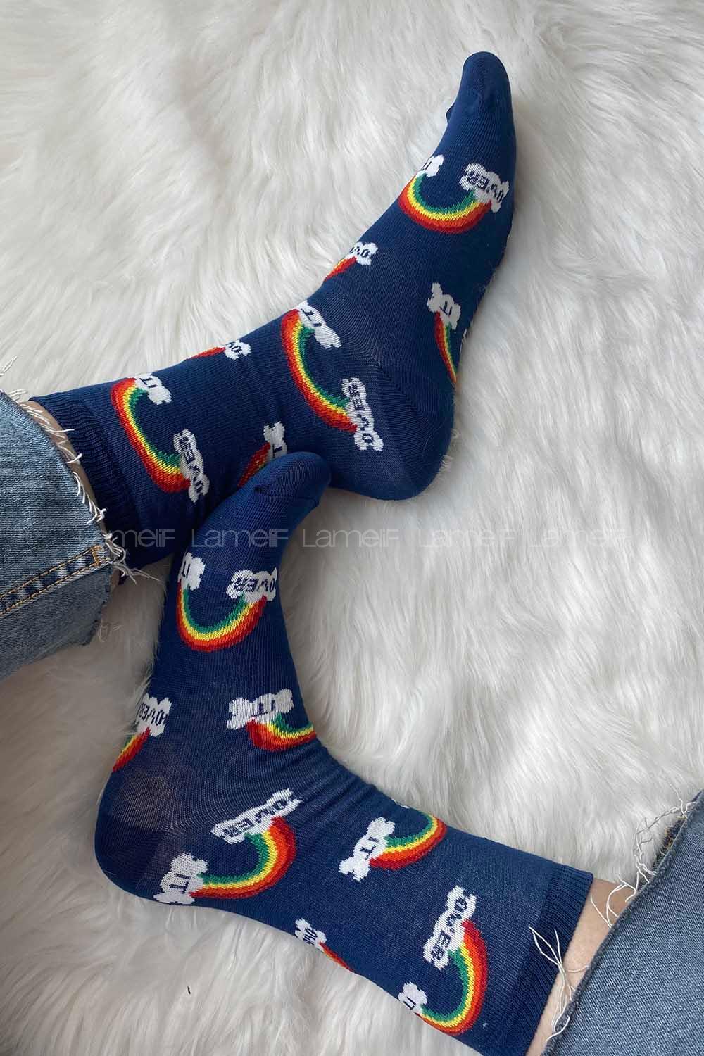 Modalamelif Gökkuşağı Baskılı Soket Çorap Lacivert
