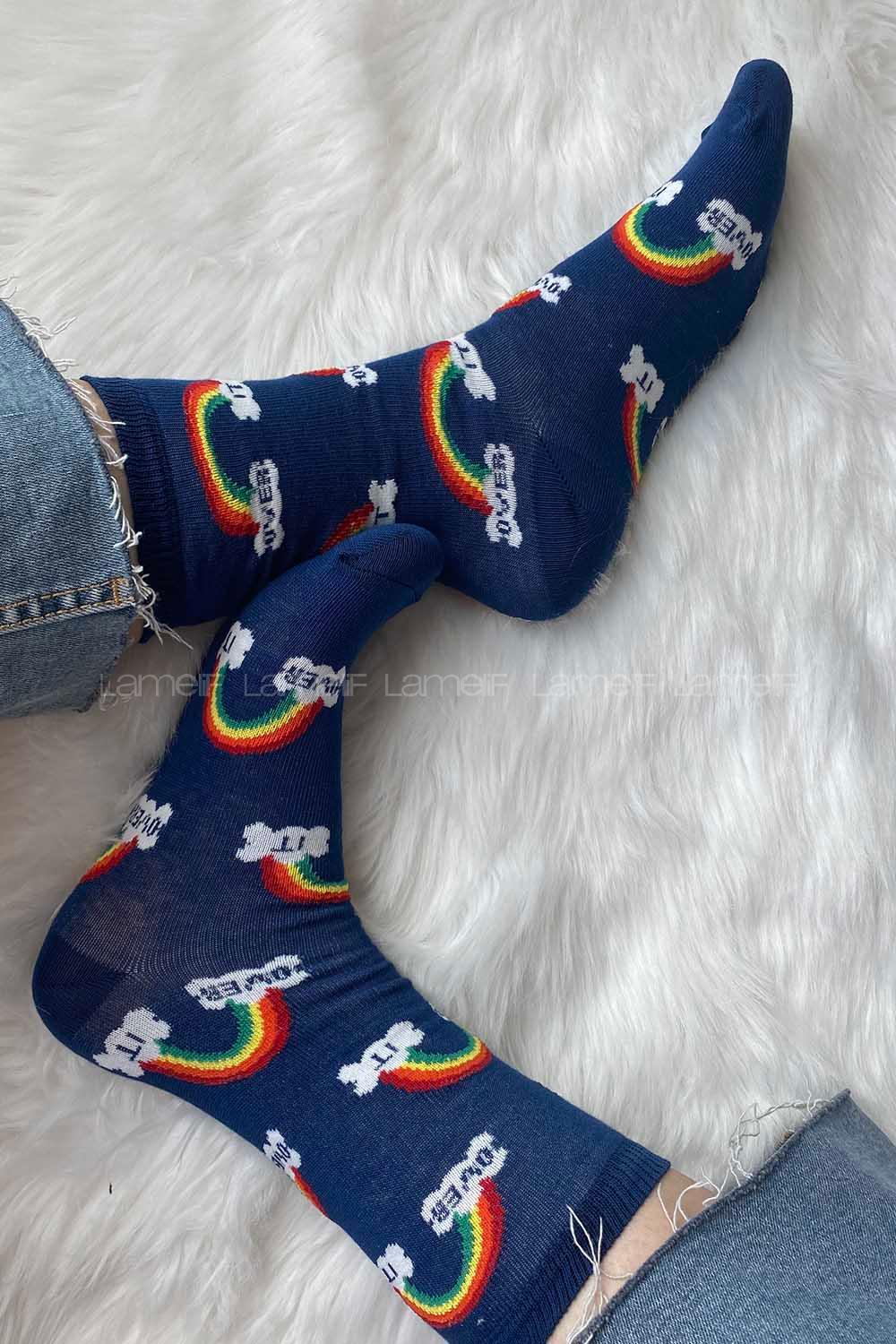 Modalamelif Gökkuşağı Baskılı Soket Çorap Lacivert