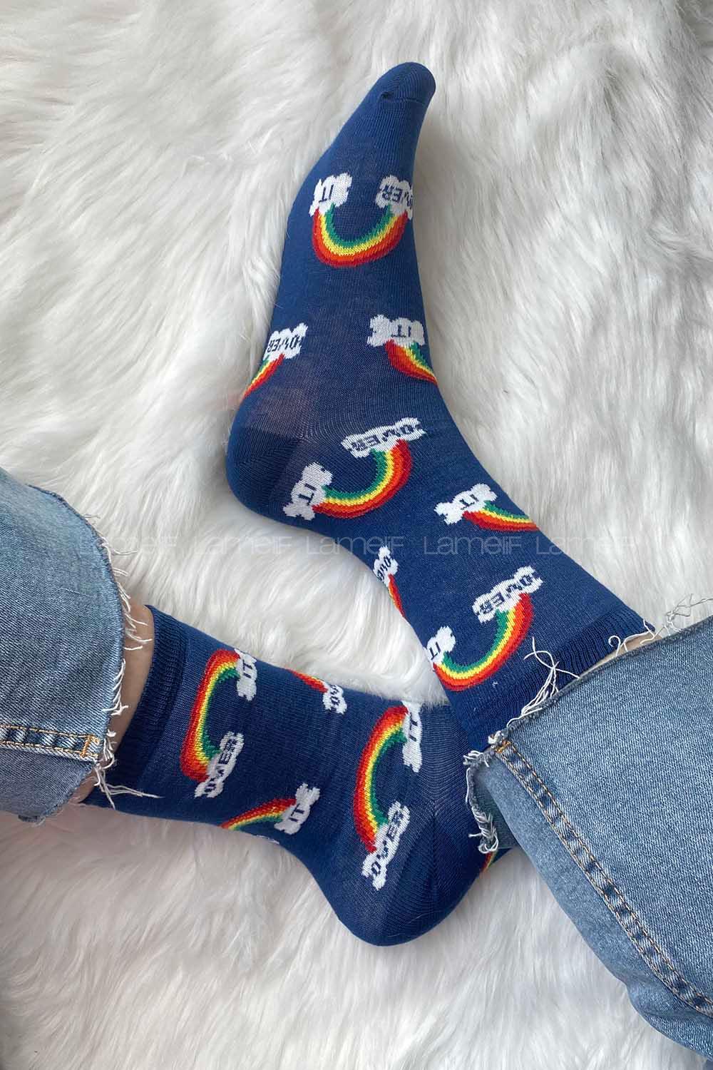 Modalamelif Gökkuşağı Baskılı Soket Çorap Lacivert