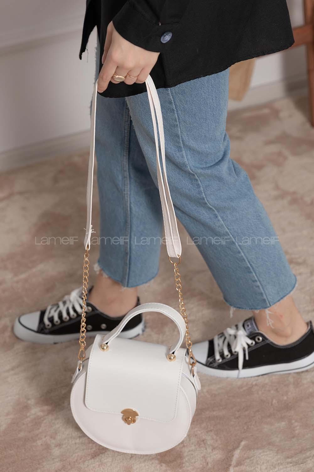 Modalamelif Kapak Kilitli Round Çanta Beyaz