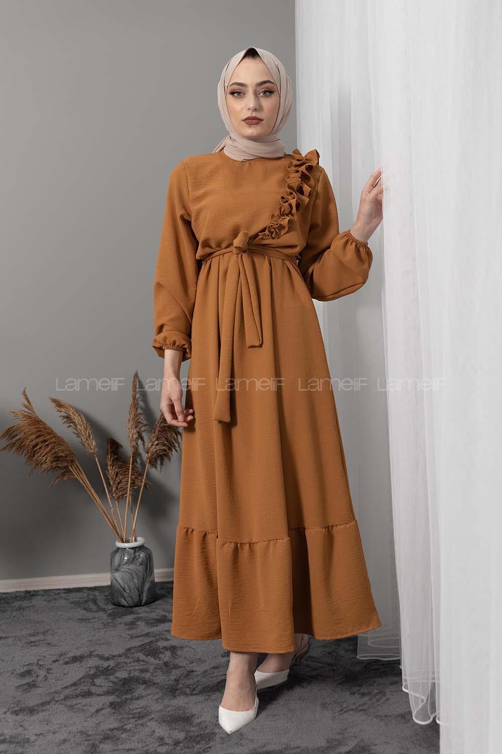 Modalamelif Omuz Fırfırlı Kuşaklı Elbise Hardal Sarısı