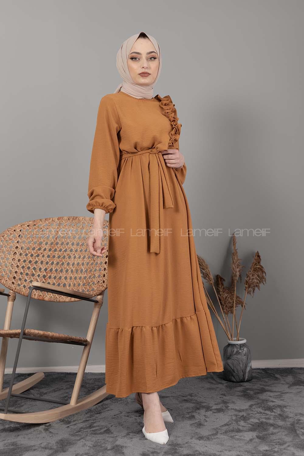 Modalamelif Omuz Fırfırlı Kuşaklı Elbise Hardal Sarısı