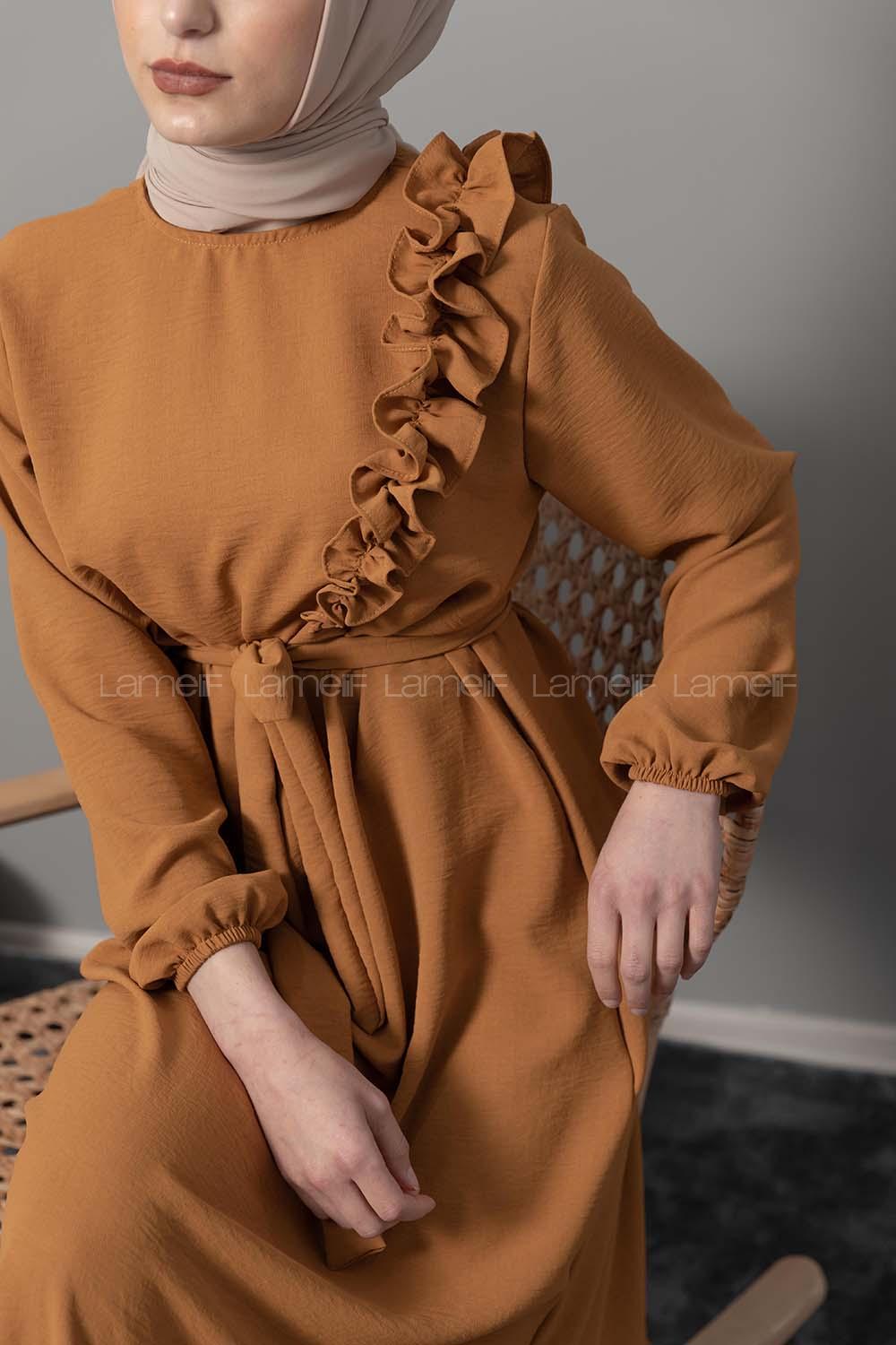 Modalamelif Omuz Fırfırlı Kuşaklı Elbise Hardal Sarısı