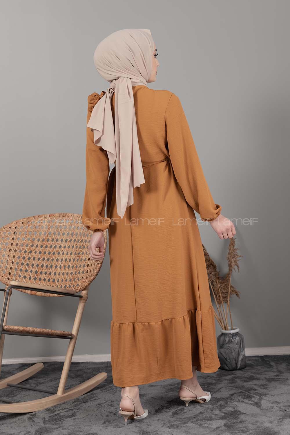 Modalamelif Omuz Fırfırlı Kuşaklı Elbise Hardal Sarısı