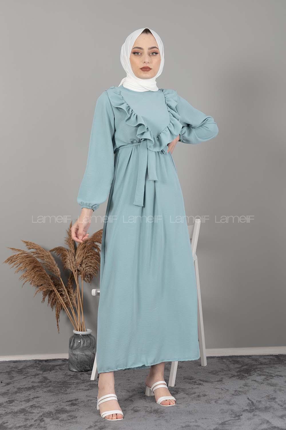 Modalamelif Önü Fırfırlı Kuşaklı Elbise Mint Yeşili