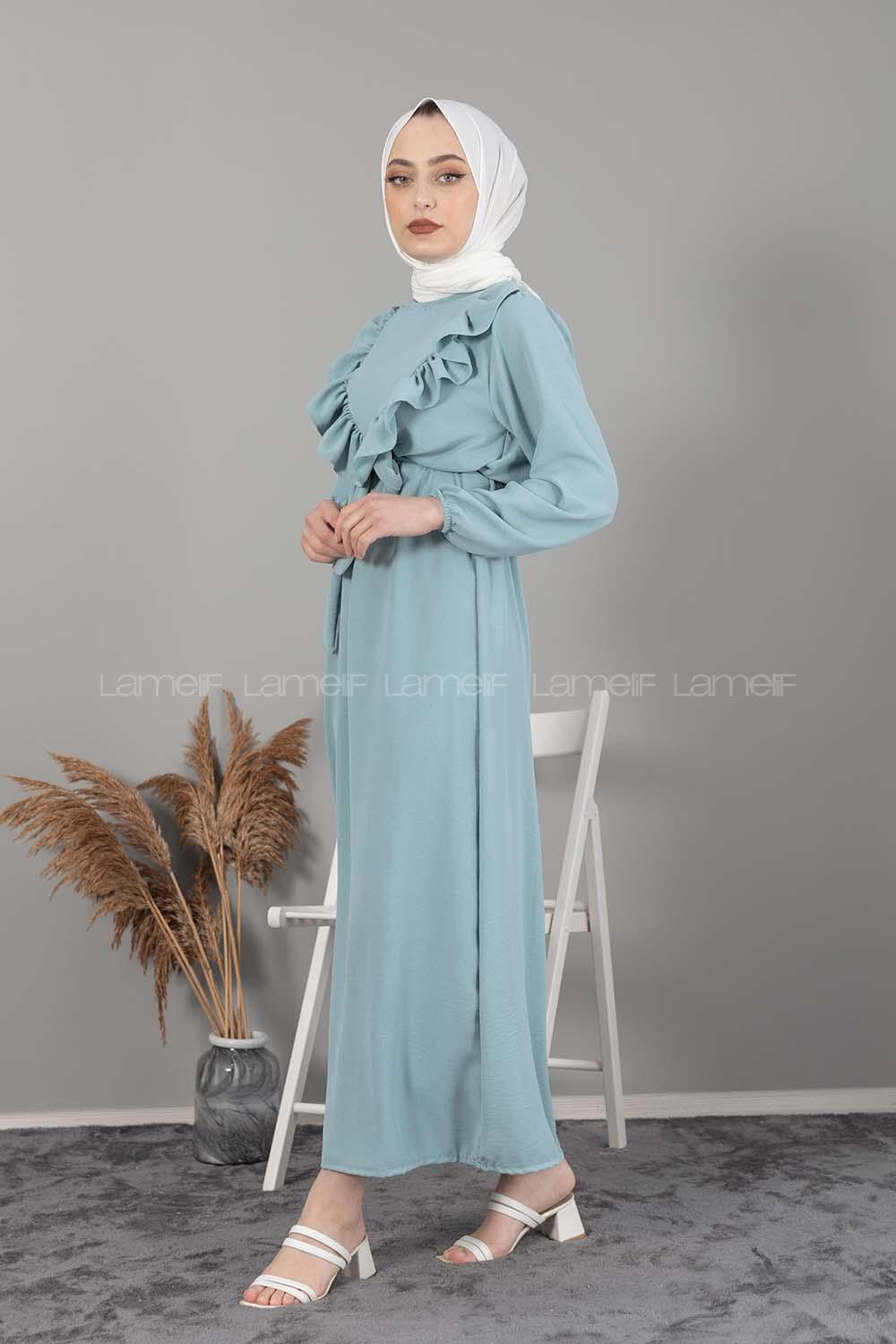 Modalamelif Önü Fırfırlı Kuşaklı Elbise Mint Yeşili