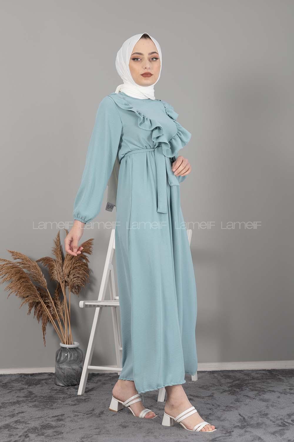 Modalamelif Önü Fırfırlı Kuşaklı Elbise Mint Yeşili