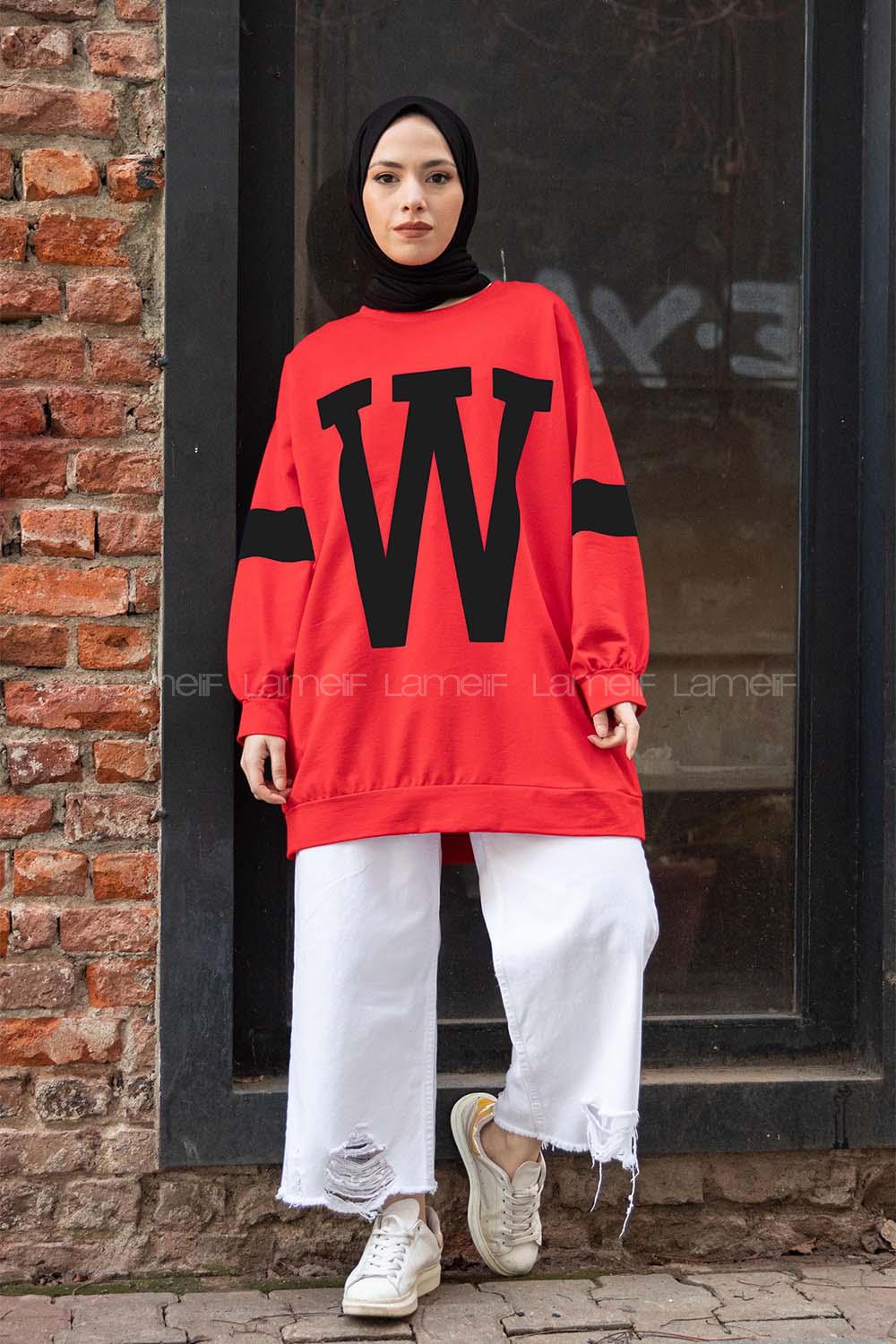 Modalamelif W Baskılı Balon Kol Sweat Tunik Kırmızı