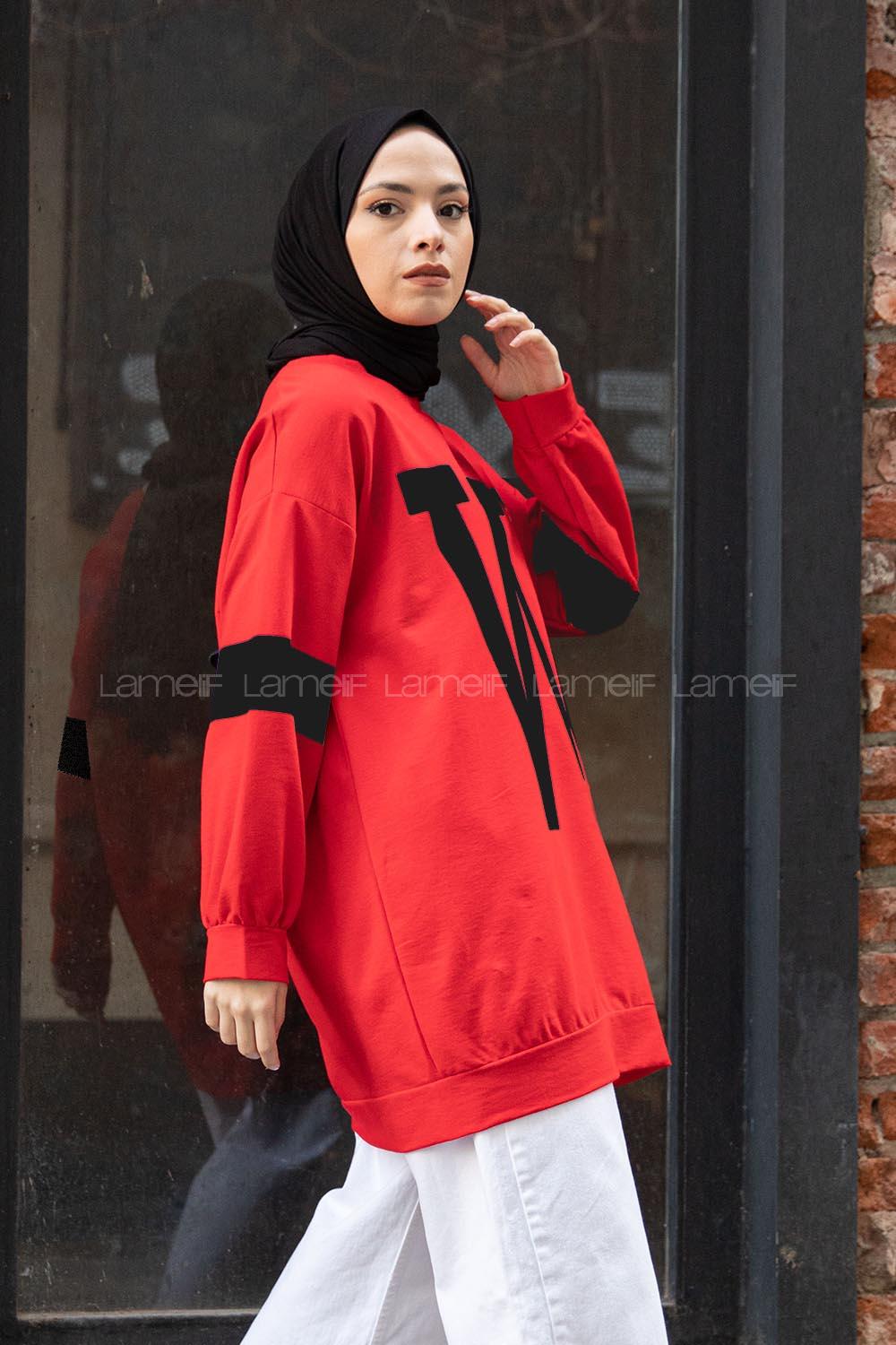 Modalamelif W Baskılı Balon Kol Sweat Tunik Kırmızı