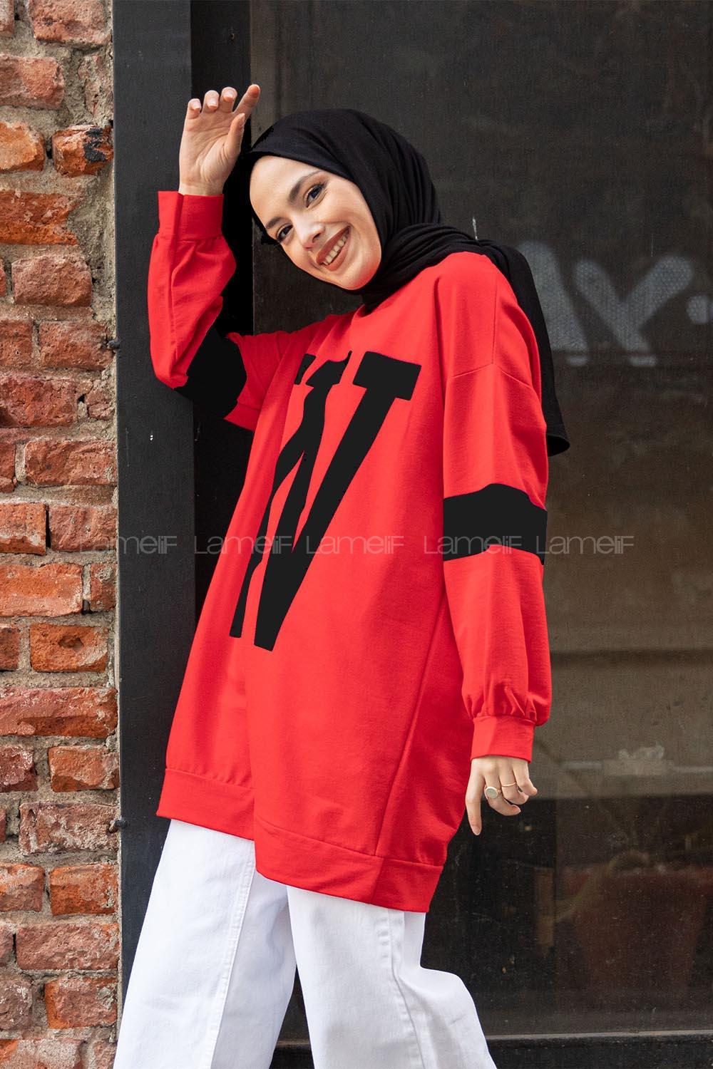 Modalamelif W Baskılı Balon Kol Sweat Tunik Kırmızı