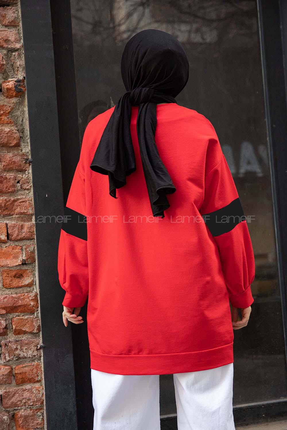 Modalamelif W Baskılı Balon Kol Sweat Tunik Kırmızı