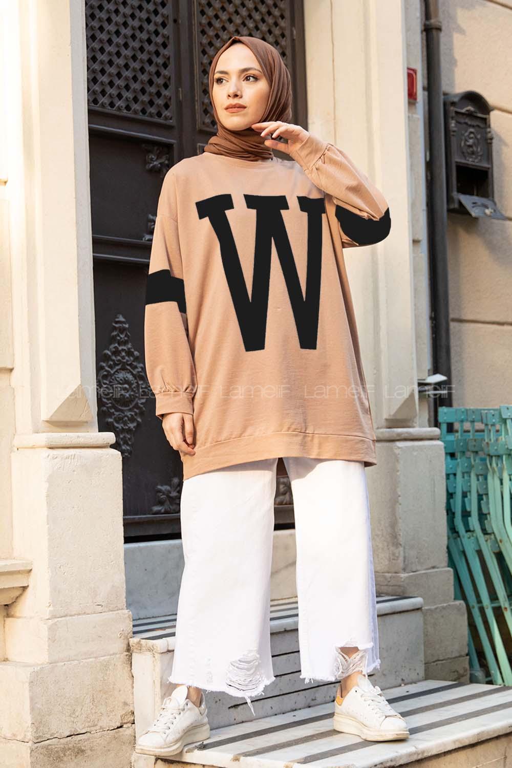 Modalamelif W Baskılı Balon Kol Sweat Tunik Sütlü Kahve