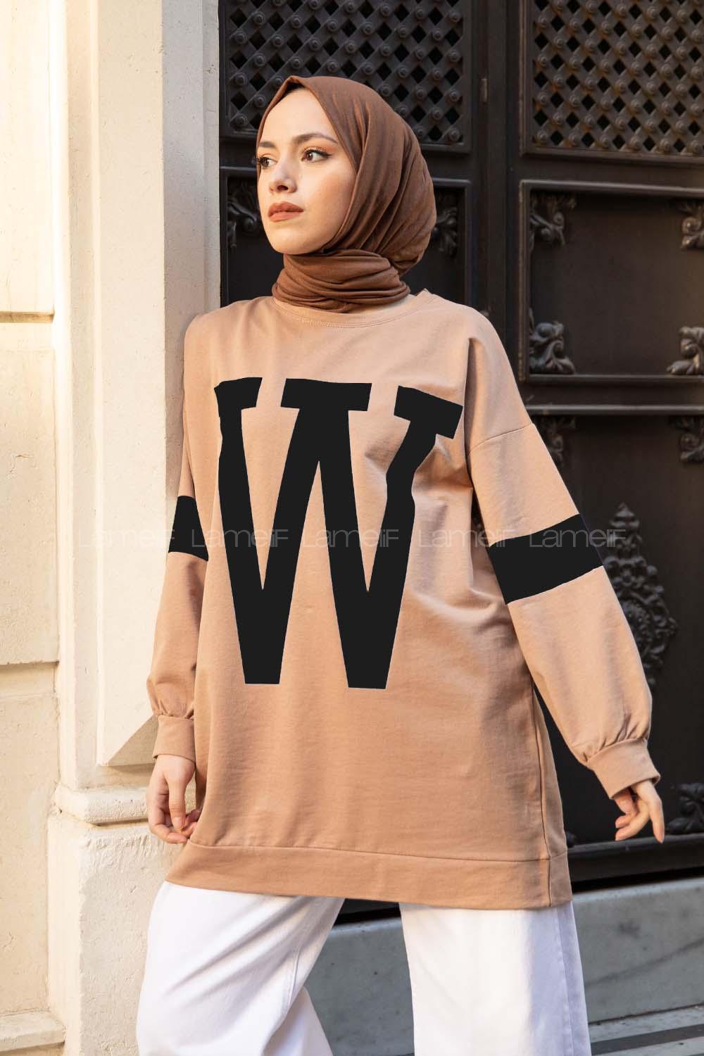 Modalamelif W Baskılı Balon Kol Sweat Tunik Sütlü Kahve