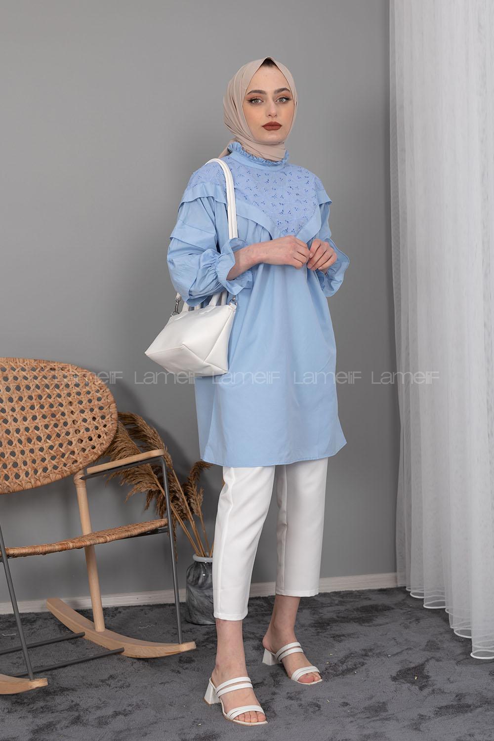 Modalamelif Yaka Fırfırlı Balon Kol Gömlek Açık Mavi
