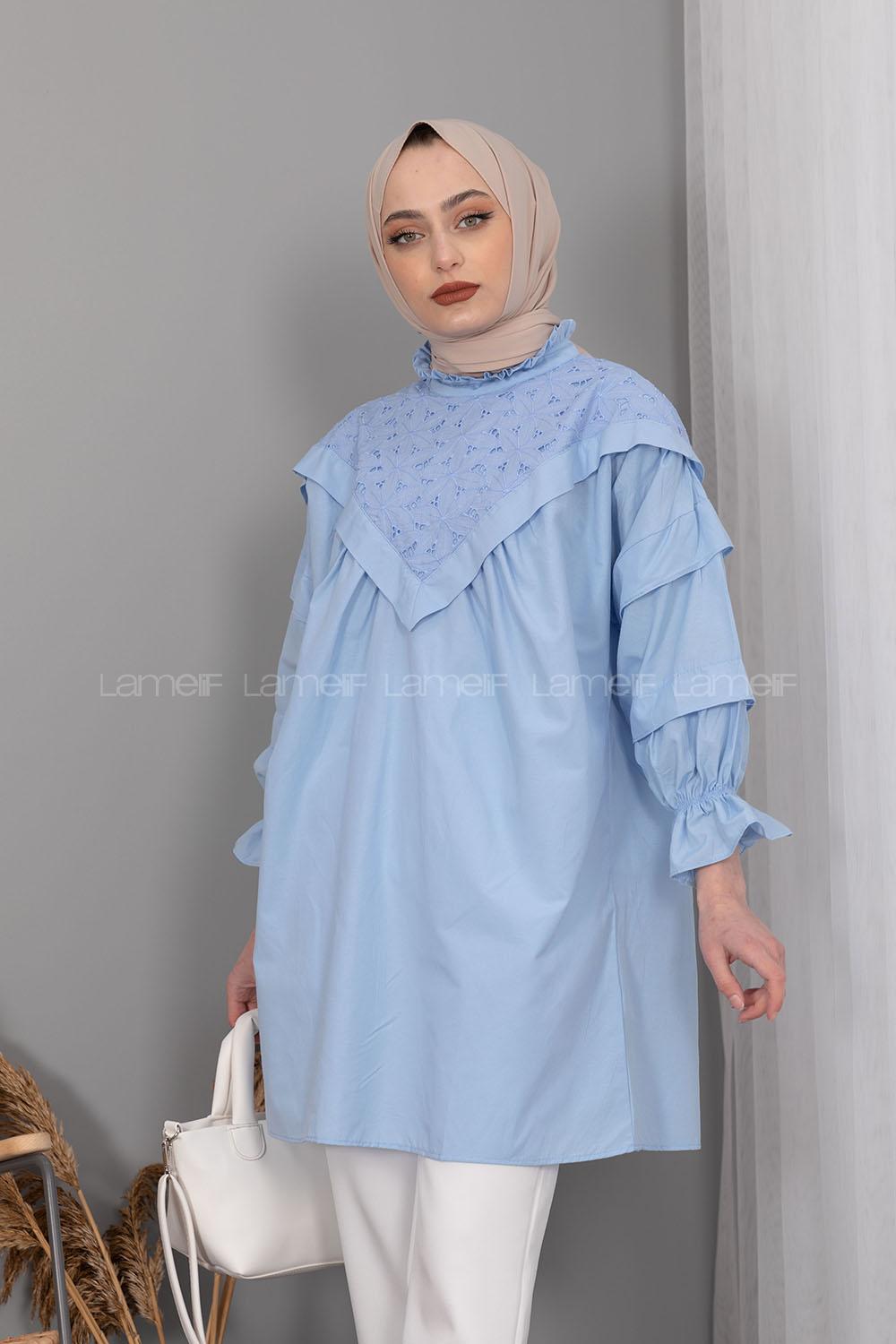 Modalamelif Yaka Fırfırlı Balon Kol Gömlek Açık Mavi