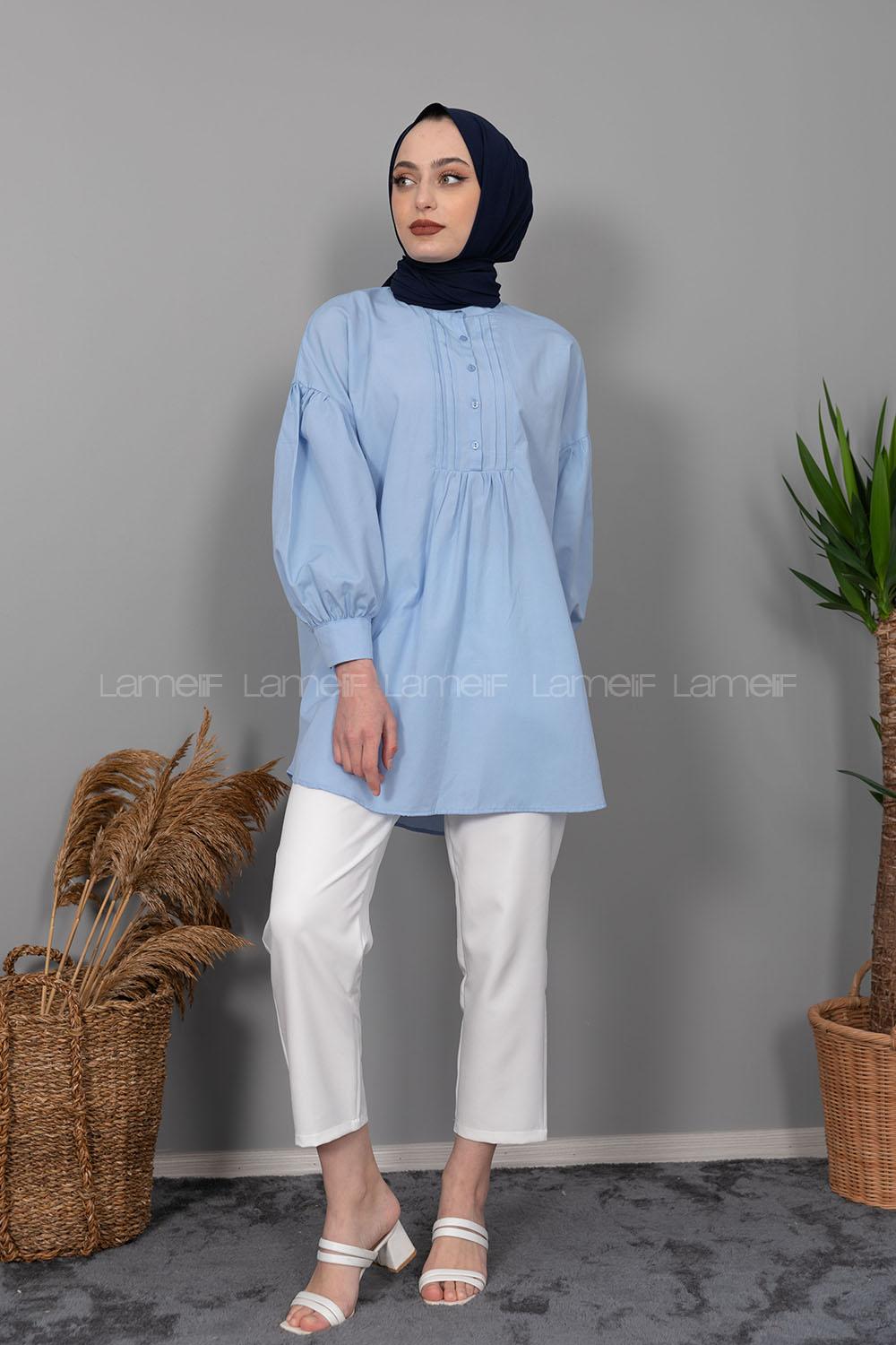 Modalamelif Balon Kol Önü Pileli Tunik Açık Mavi