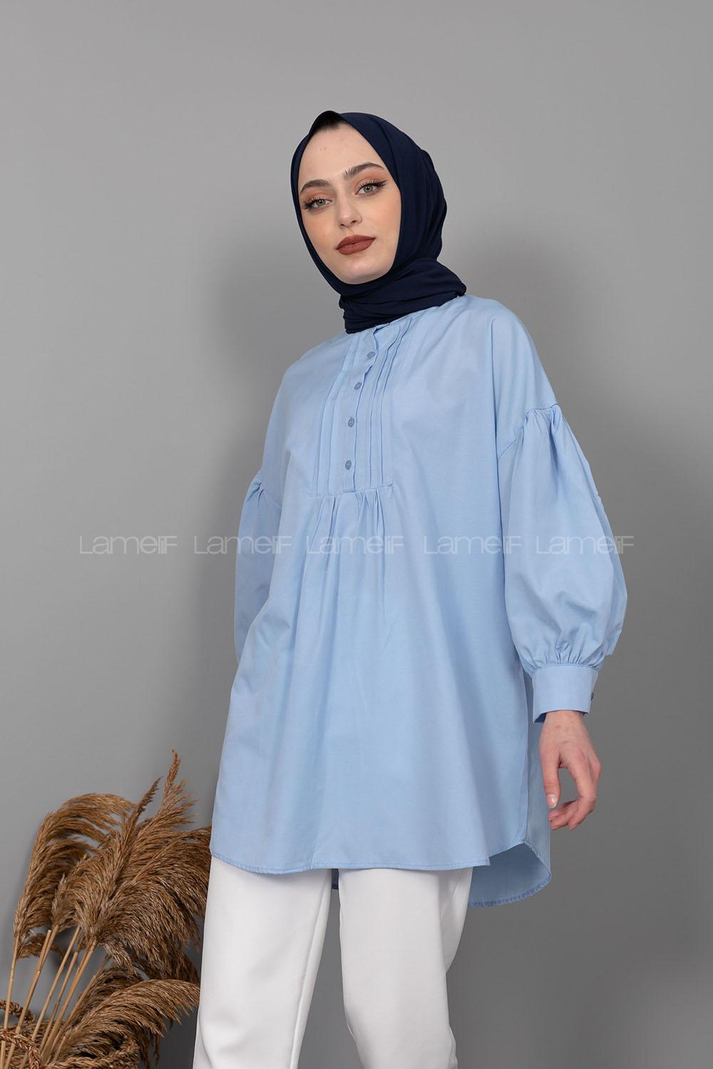 Modalamelif Balon Kol Önü Pileli Tunik Açık Mavi
