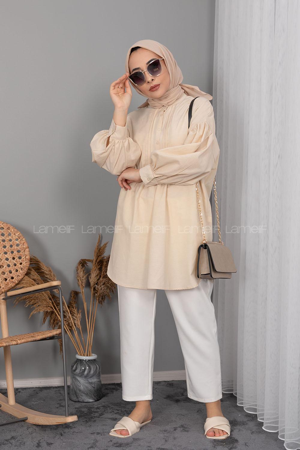 Modalamelif Balon Kol Önü Pileli Tunik Bej