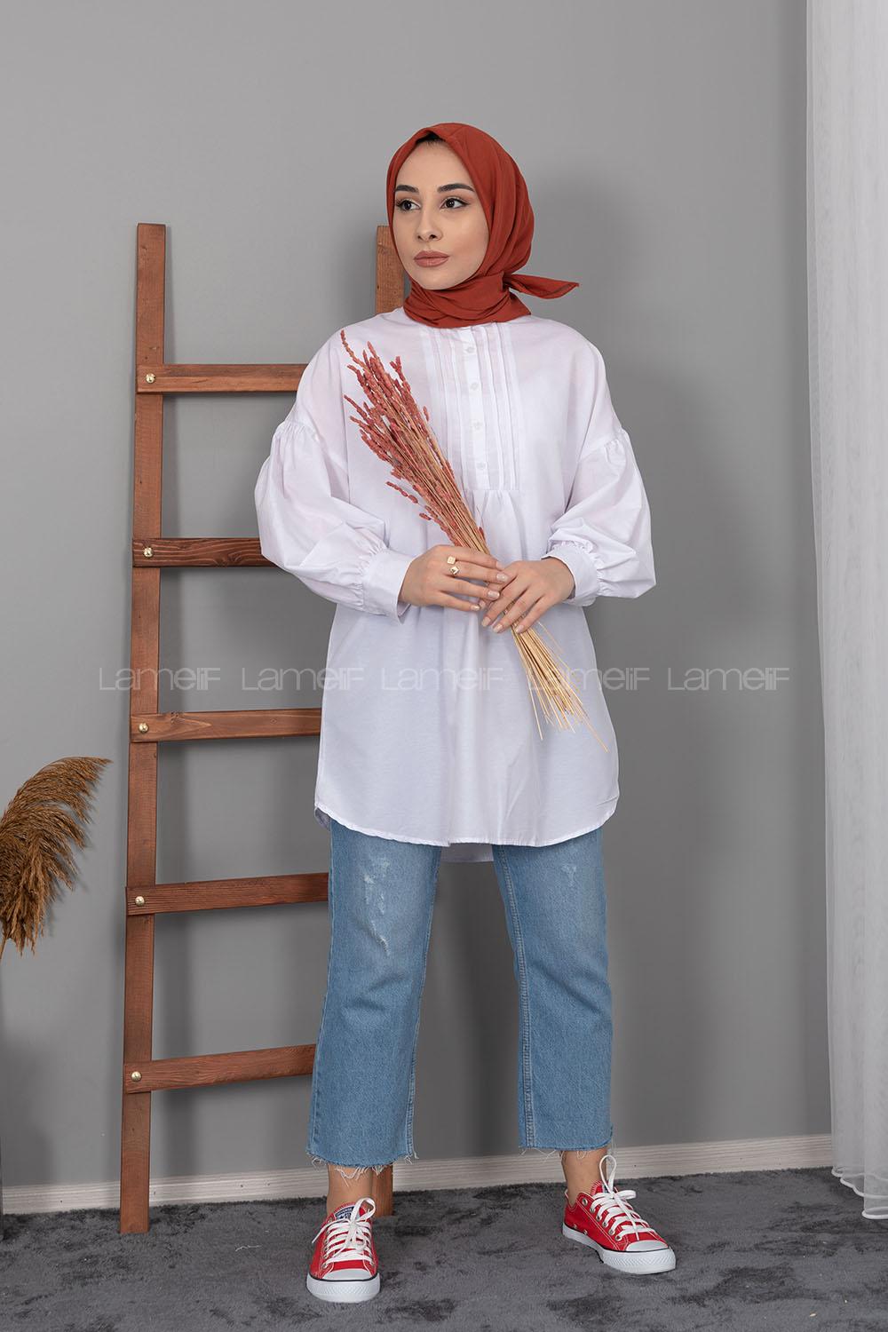 Modalamelif Balon Kol Önü Pileli Tunik Beyaz