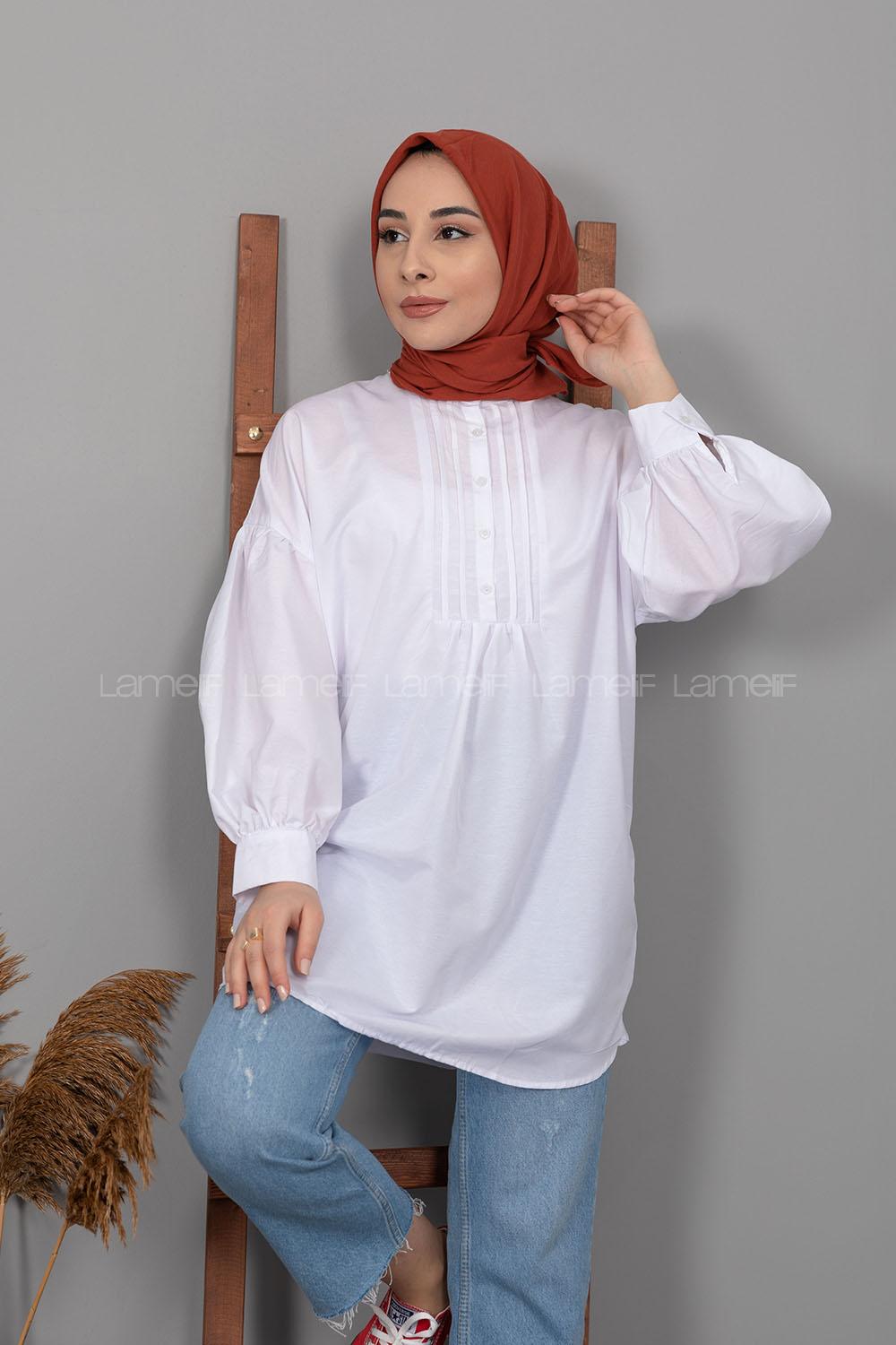 Modalamelif Balon Kol Önü Pileli Tunik Beyaz