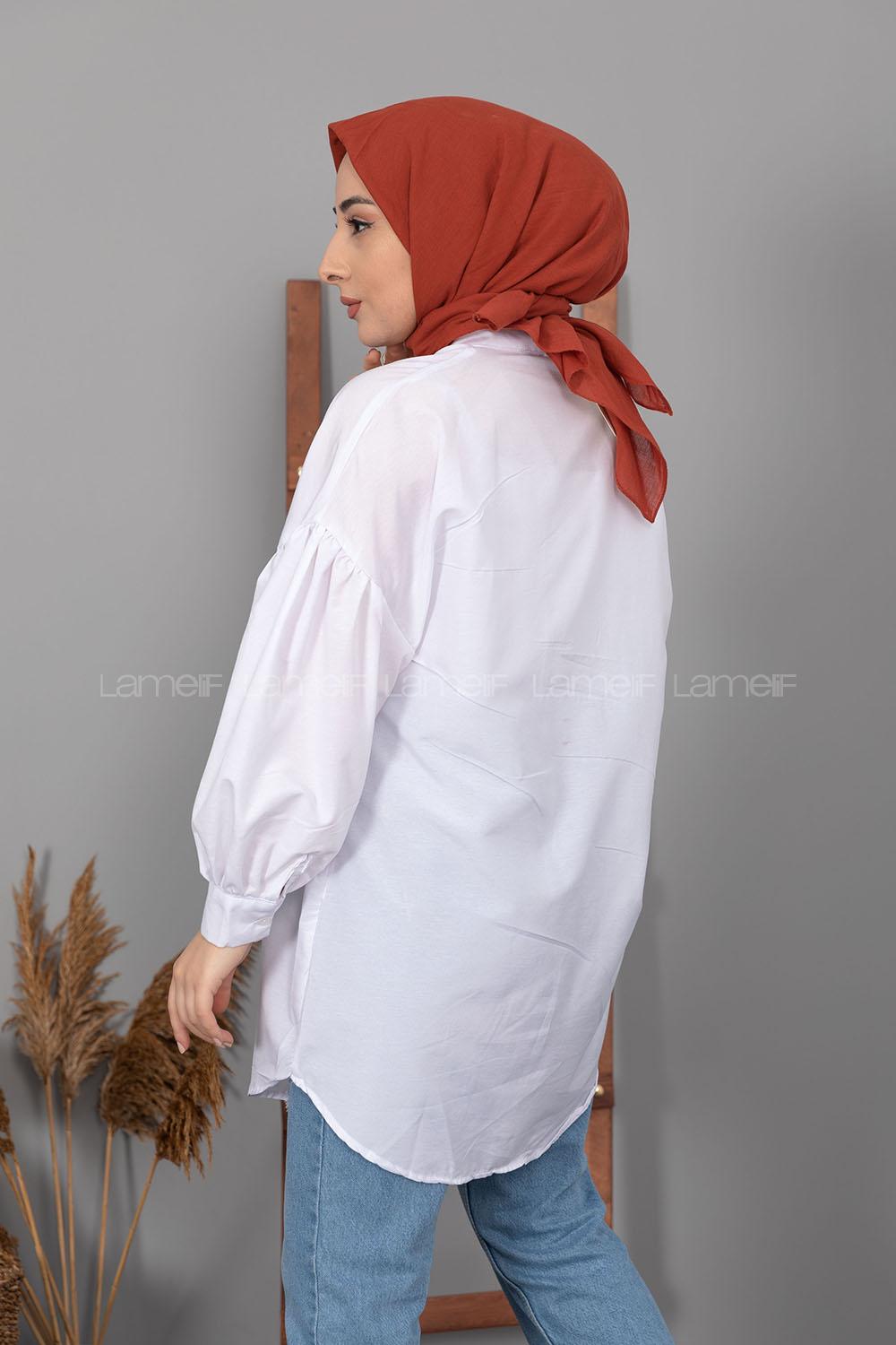 Modalamelif Balon Kol Önü Pileli Tunik Beyaz