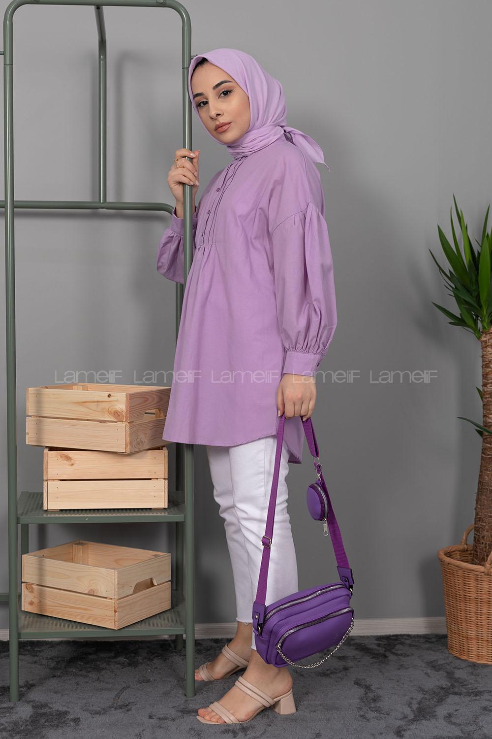 Modalamelif Balon Kol Önü Pileli Tunik Lila