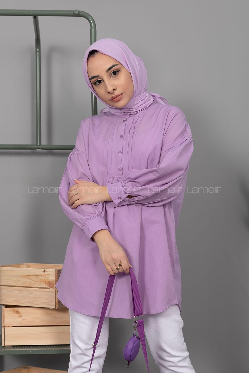 Modalamelif Balon Kol Önü Pileli Tunik Lila