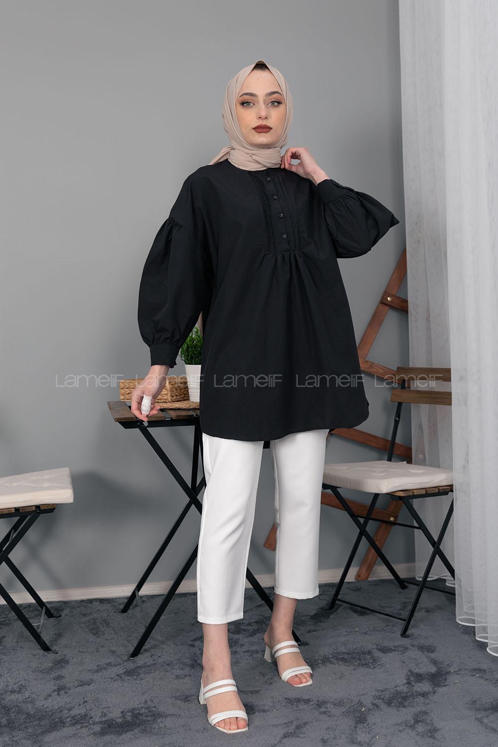 Modalamelif Balon Kol Önü Pileli Tunik Siyah