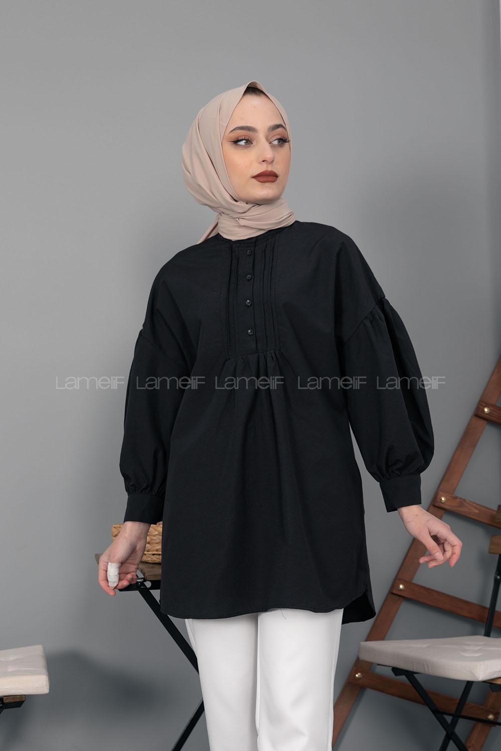 Modalamelif Balon Kol Önü Pileli Tunik Siyah
