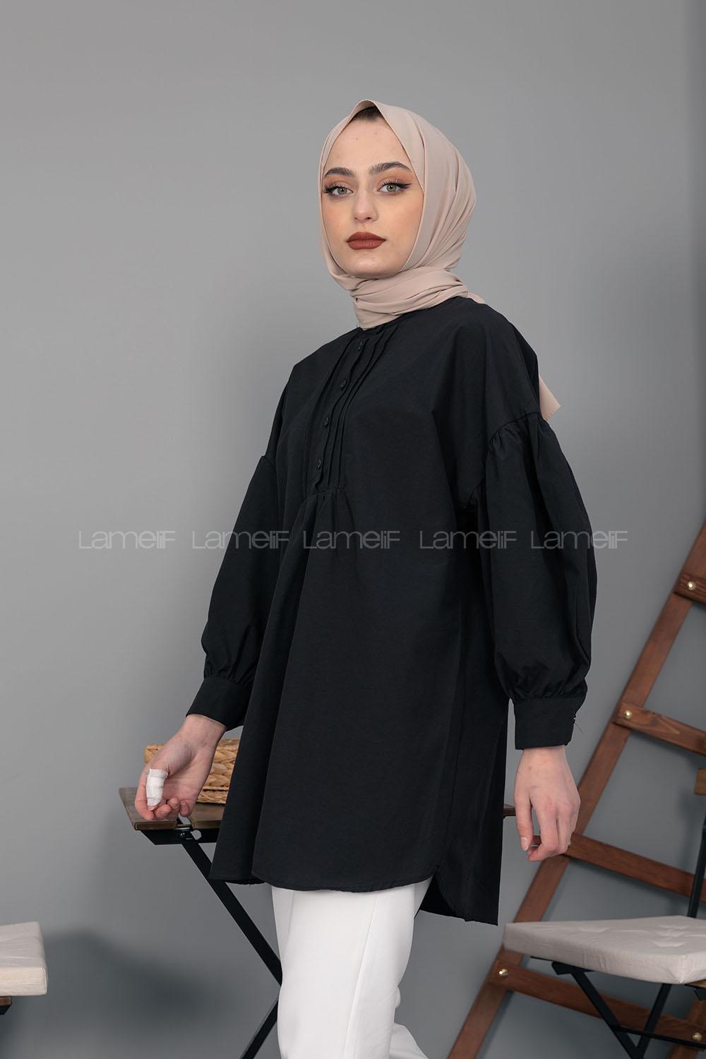 Modalamelif Balon Kol Önü Pileli Tunik Siyah
