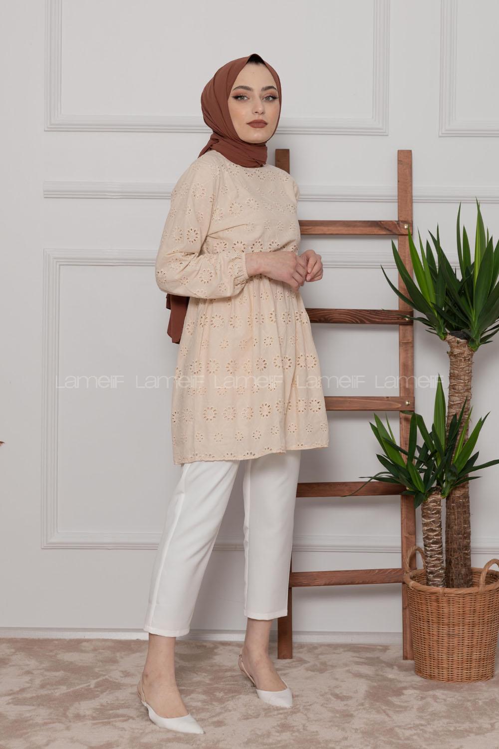 Modalamelif Bel Lastikli Çiçek Dantel Detay Tunik Bej