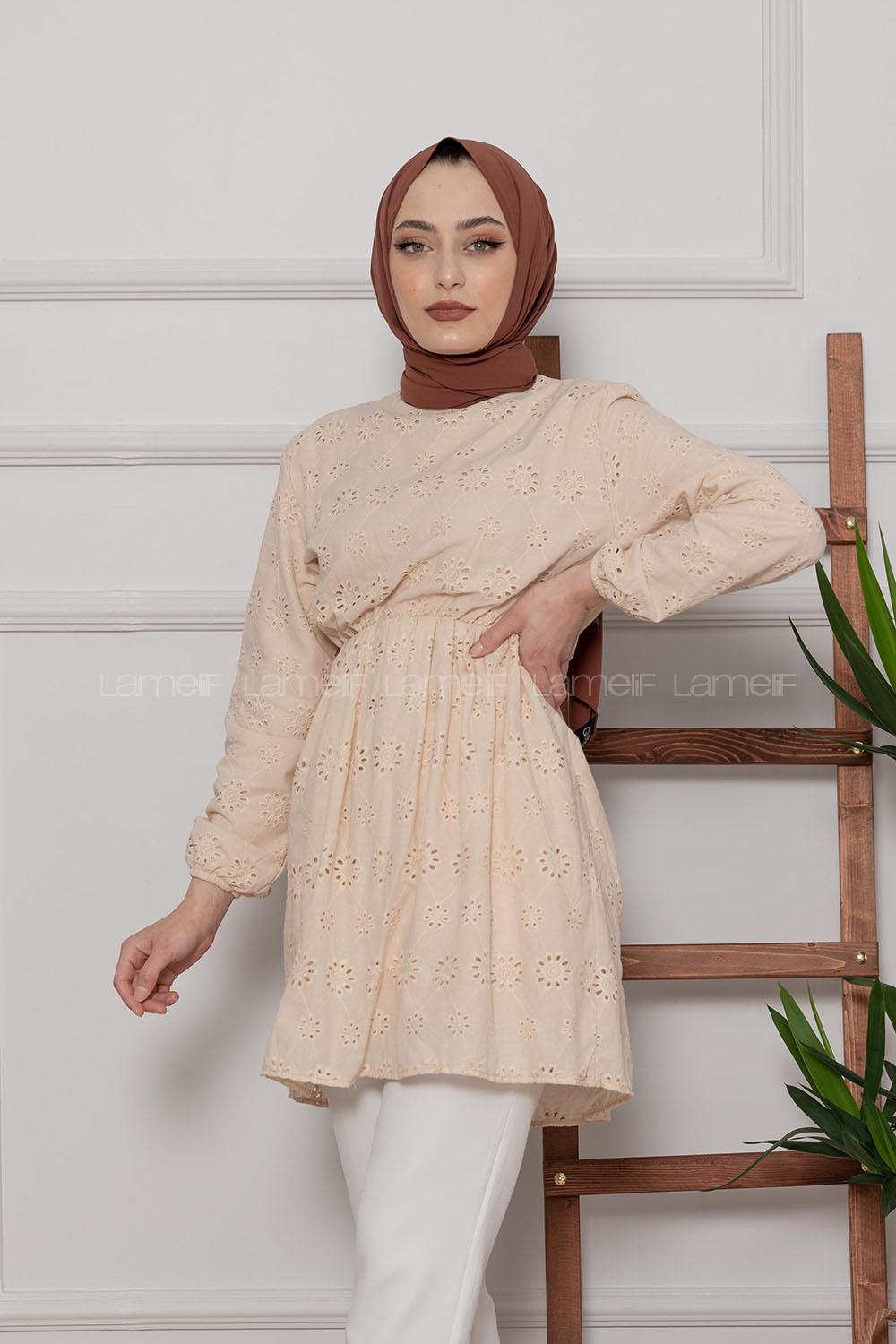 Modalamelif Bel Lastikli Çiçek Dantel Detay Tunik Bej