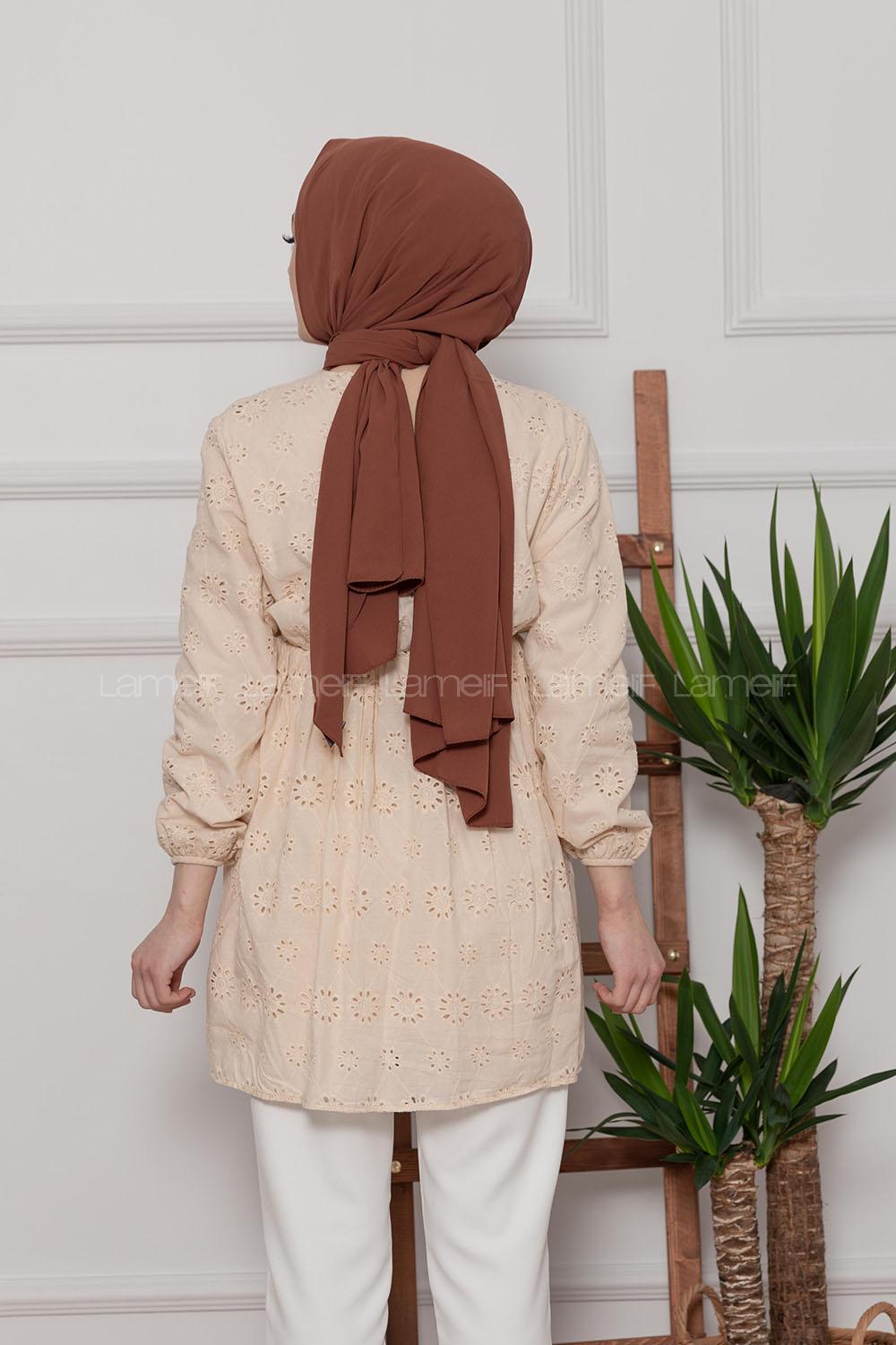 Modalamelif Bel Lastikli Çiçek Dantel Detay Tunik Bej
