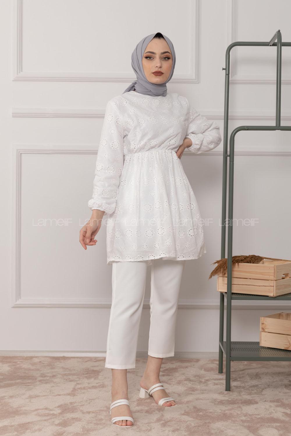 Modalamelif Bel Lastikli Çiçek Dantel Detay Tunik Ekru