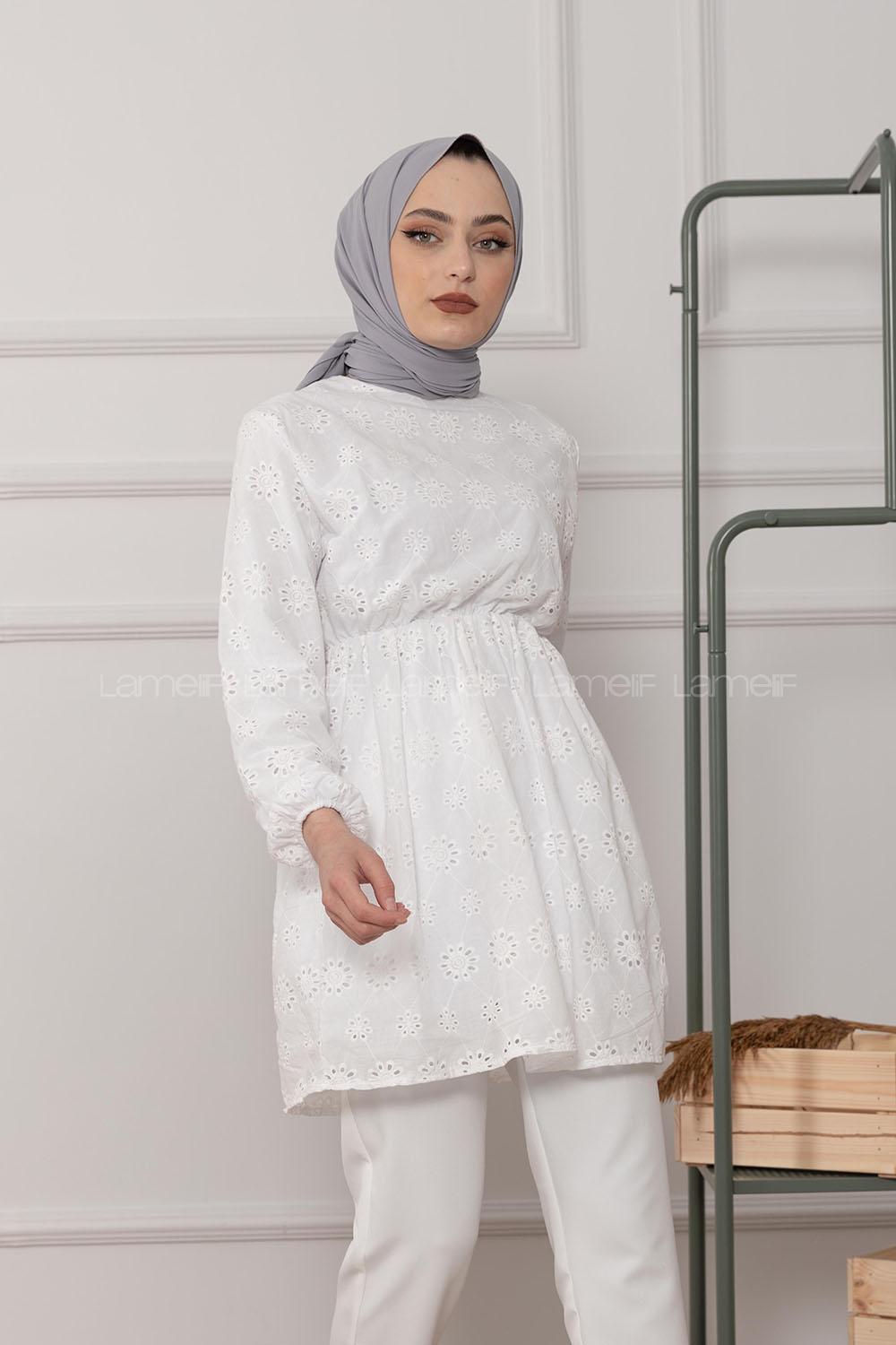 Modalamelif Bel Lastikli Çiçek Dantel Detay Tunik Ekru