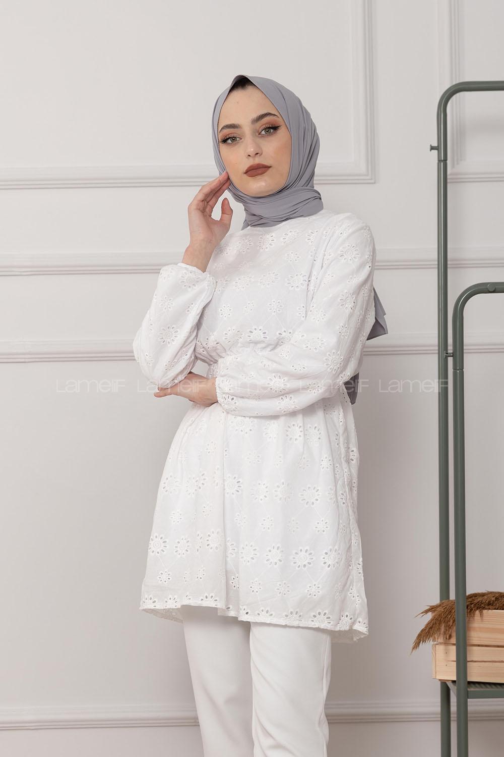 Modalamelif Bel Lastikli Çiçek Dantel Detay Tunik Ekru