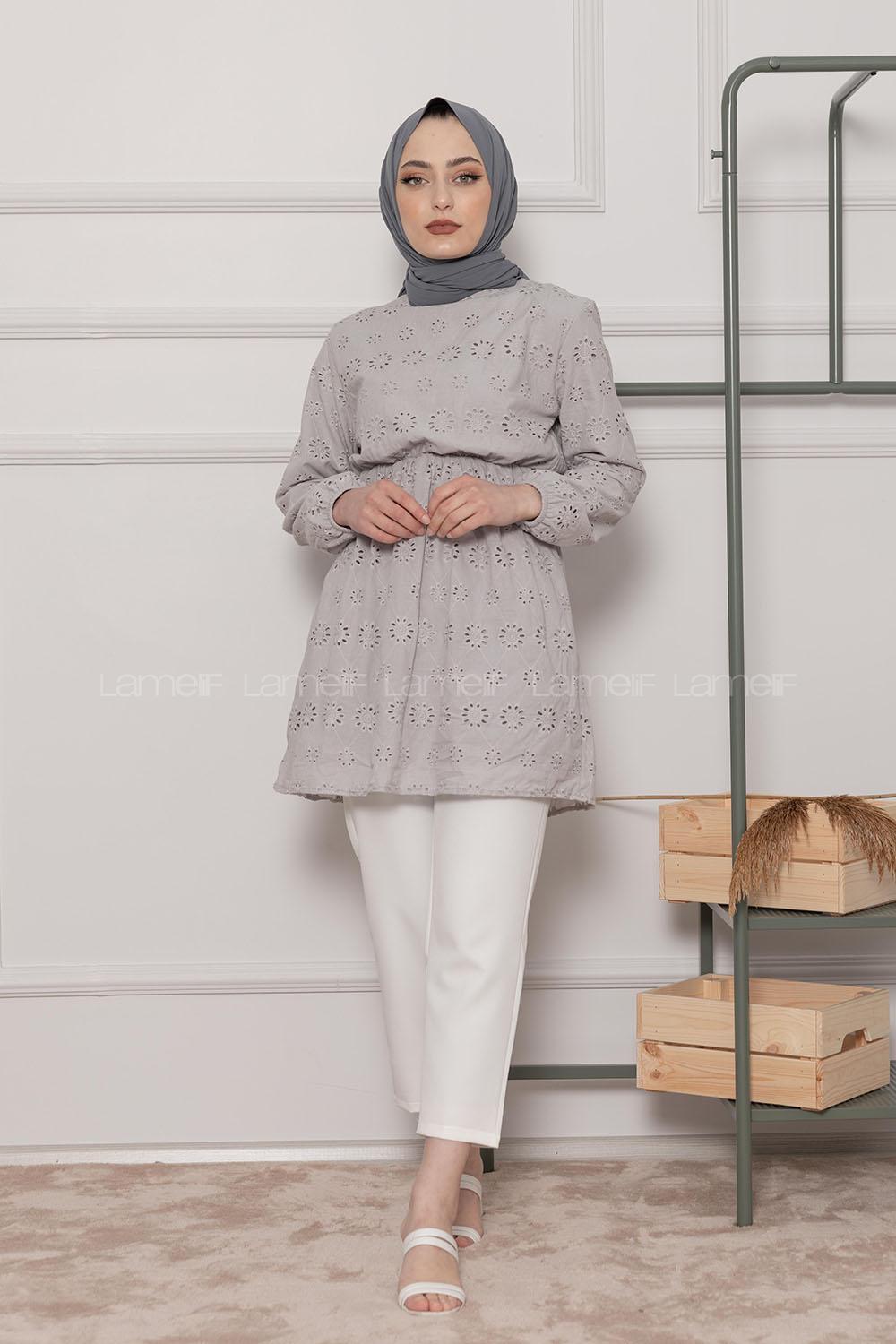 Modalamelif Bel Lastikli Çiçek Dantel Detay Tunik Gri