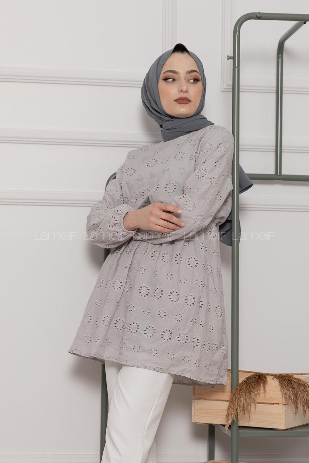 Modalamelif Bel Lastikli Çiçek Dantel Detay Tunik Gri