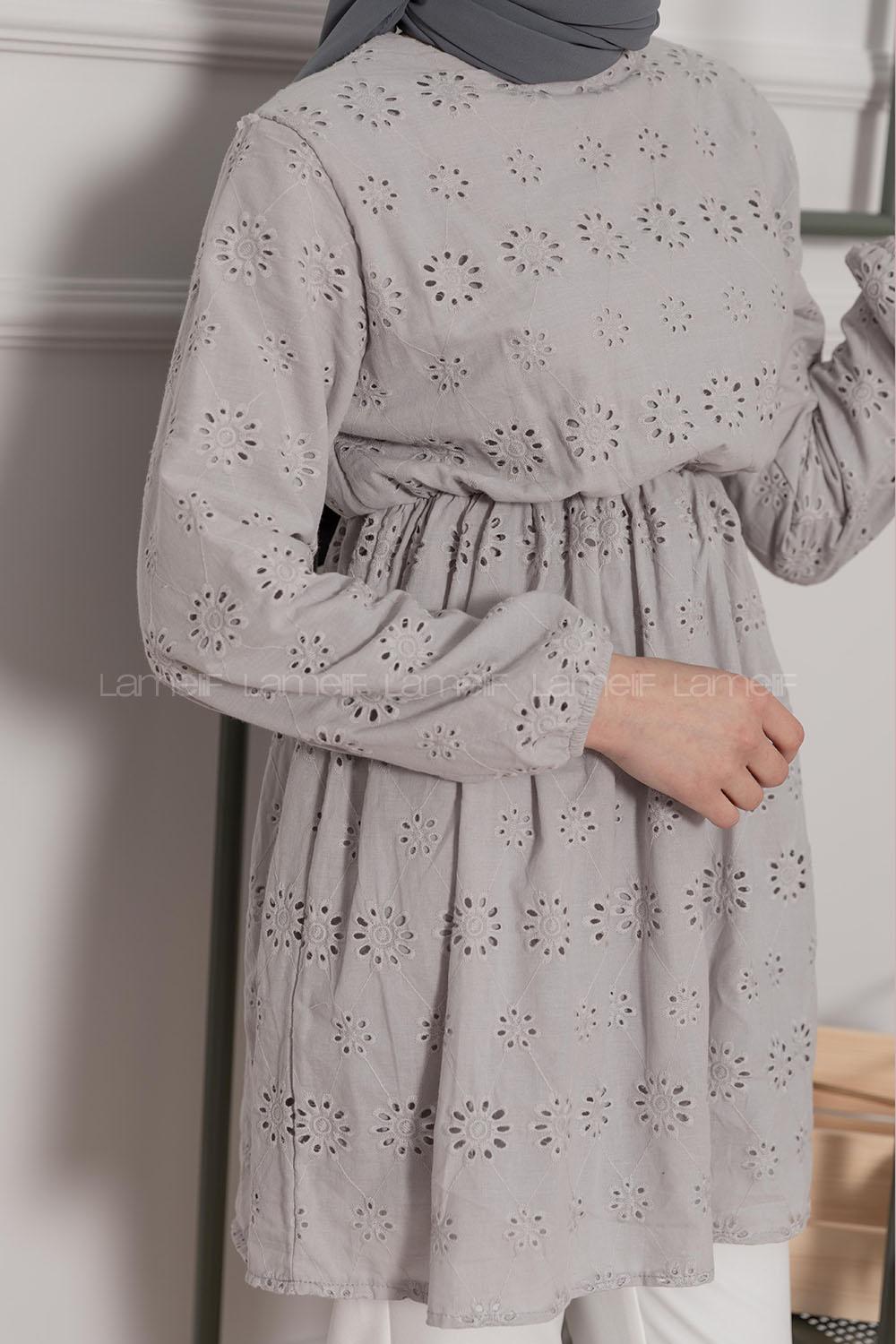 Modalamelif Bel Lastikli Çiçek Dantel Detay Tunik Gri