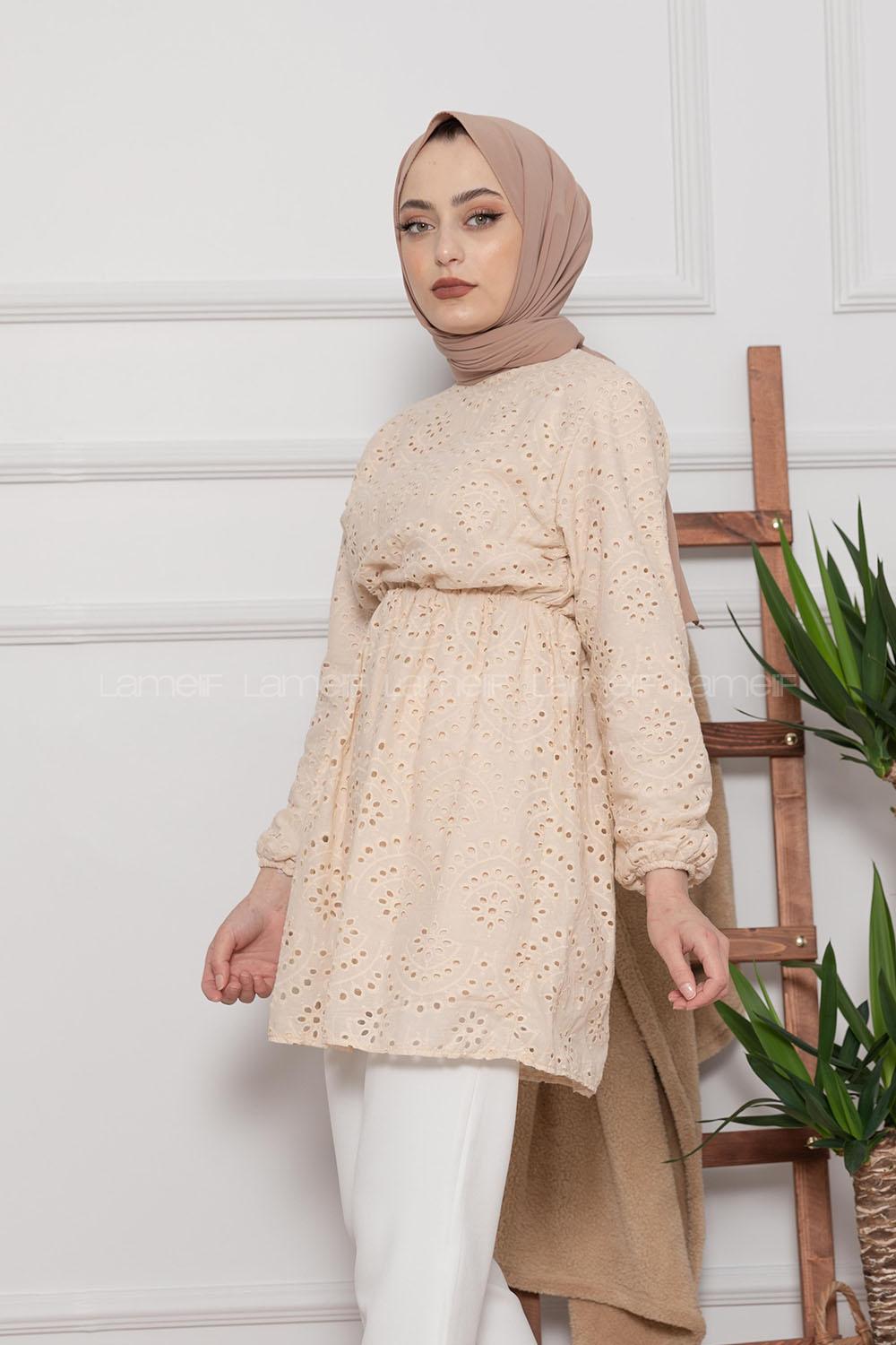 Modalamelif Bel Lastikli Papatya Dantel Detay Tunik Bej