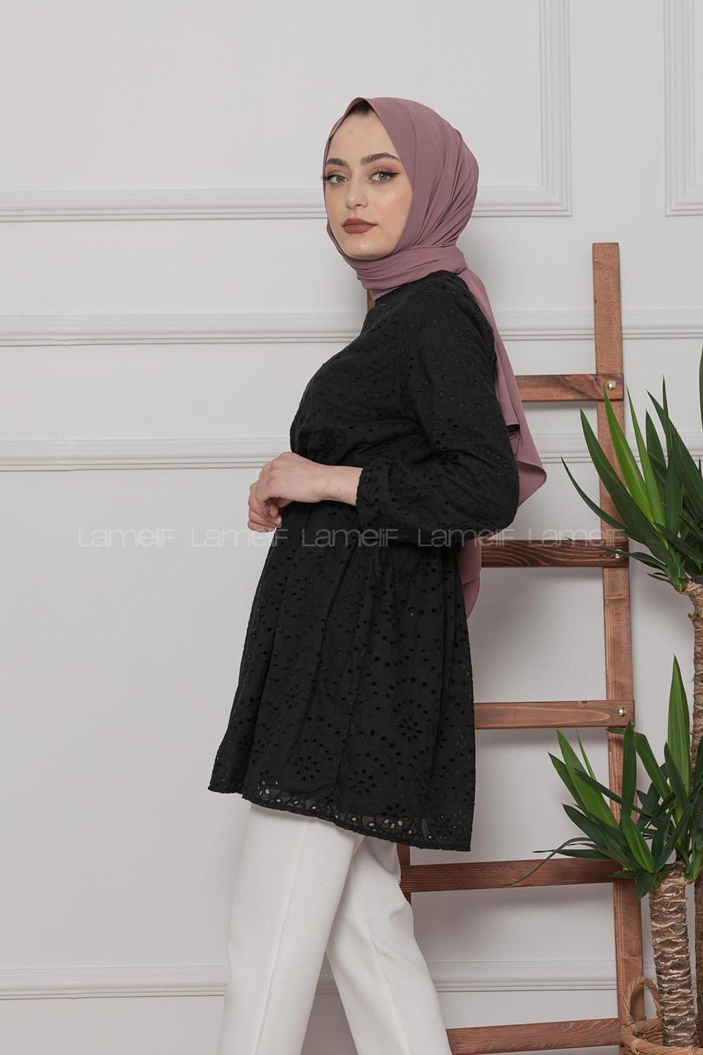 Modalamelif Bel Lastikli Papatya Dantel Detay Tunik Siyah