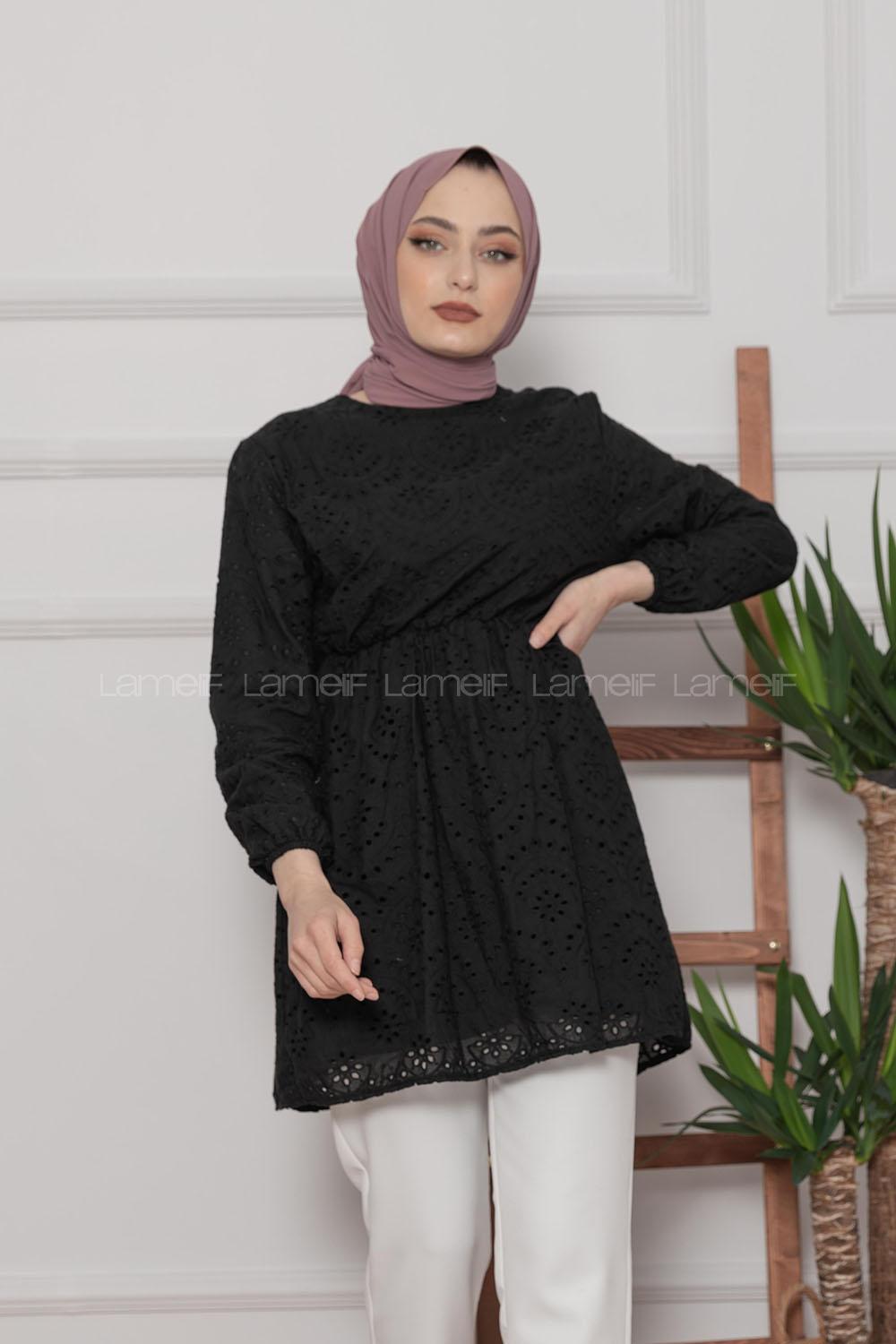 Modalamelif Bel Lastikli Papatya Dantel Detay Tunik Siyah