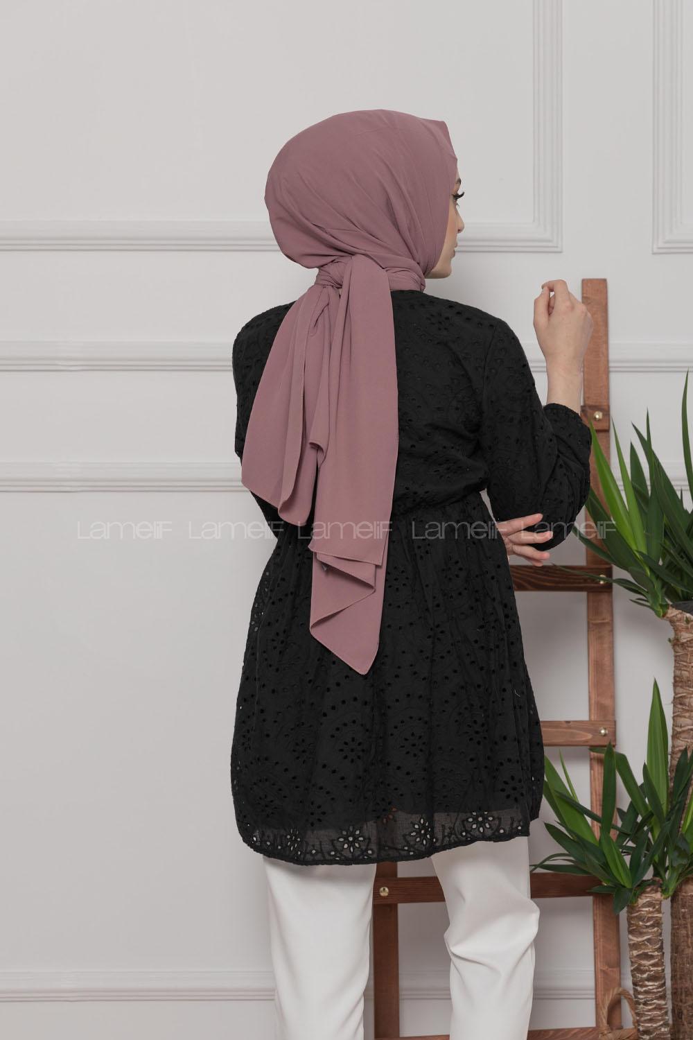 Modalamelif Bel Lastikli Papatya Dantel Detay Tunik Siyah