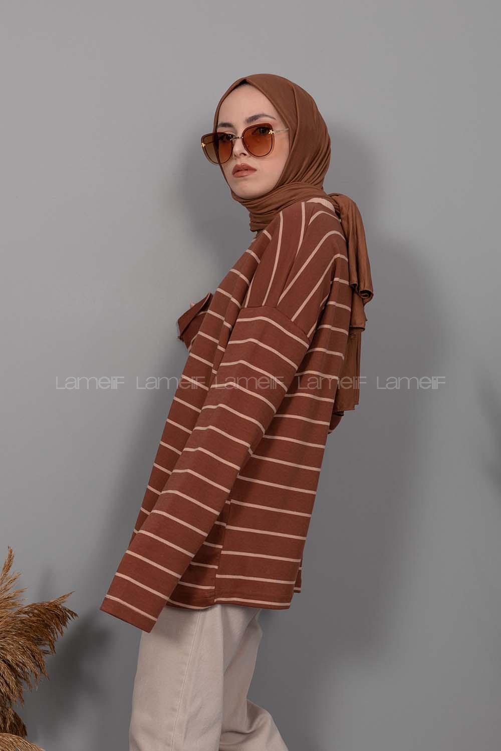 Modalamelif Bisiklet Yaka  Çizgili Sweatshirt Acı Kahve